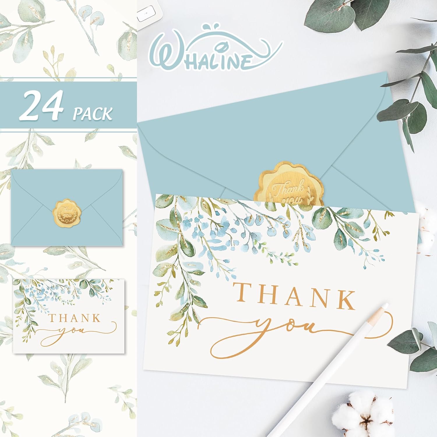 Whaline 24 Pack Spring Thank You Cards Bulk Green Blue Eucalyptus Leaves Greeting Blank Note Cards with Envelope Stickers for Wedding Baby Shower Birthday - Image 3