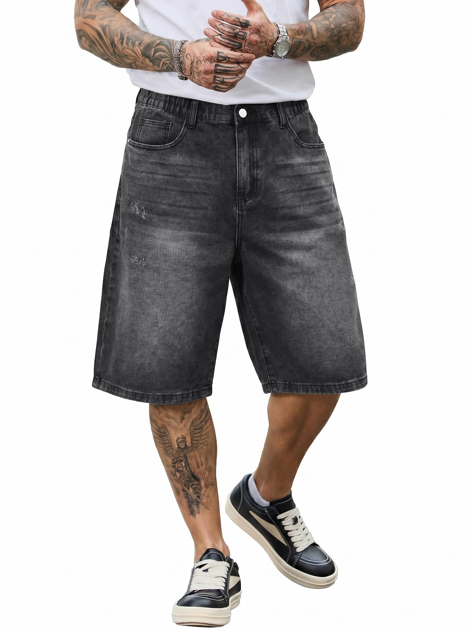 PLEPAN Men's Baggy Jeans Loose Fit Jorts Long Below Knee Denim Shorts