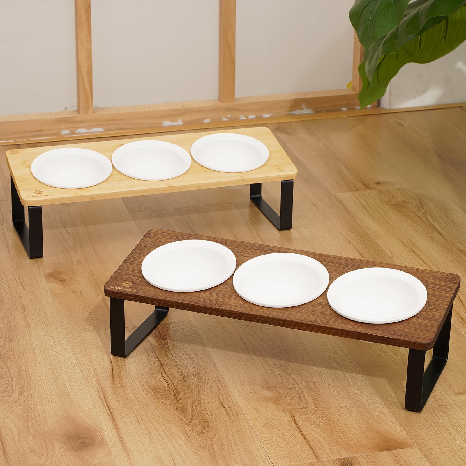 GUUSII HOME Katzennapf Erhöht Futternapf Katze Futterstation, Keramik Napf, Fressnapf 3er Set Holz, Cat Bowl Ø12cm Ergonomischer Katzennäpfe 3 Teilig Katzenfressnapf (Braun)
