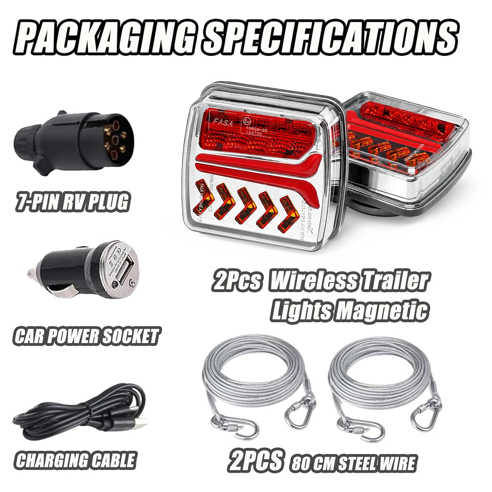 Luci Posteriori LED Wireless per Rimorchio 12V/24V, Kit Magnetico Ricaricabile con 5 Funzioni, Ricevitore Europeo 7 Pin, Impermeabile IP67, Cavi di Sicurezza Inclusi, per Rimorchio, Camper e Camion