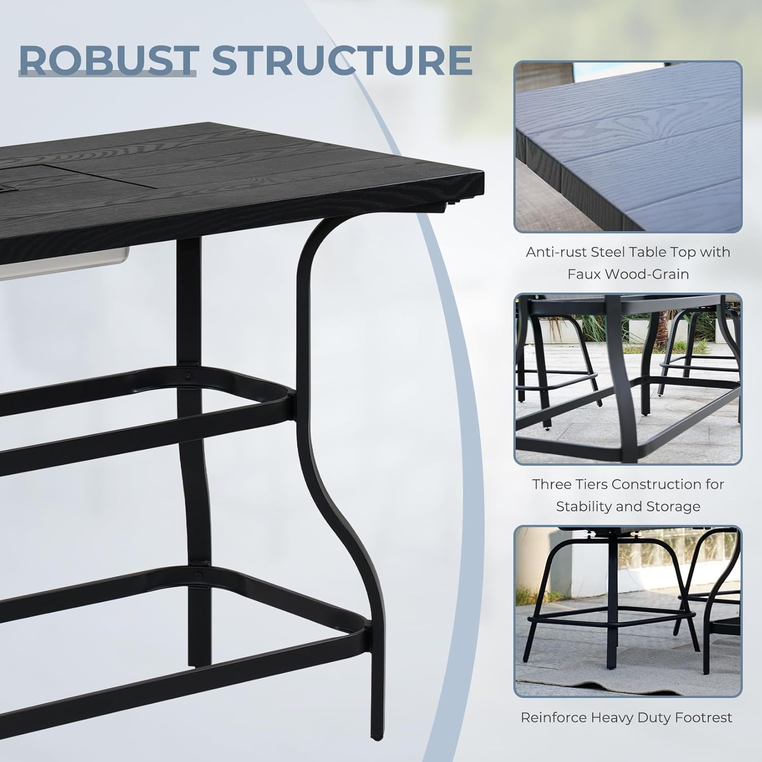 Grand patio Outdoor Bar Table, Faux Wood Grain Dining Table with Ice Bucket for Indoor Outdoor Kitchen Bistro Small Space Restaurant