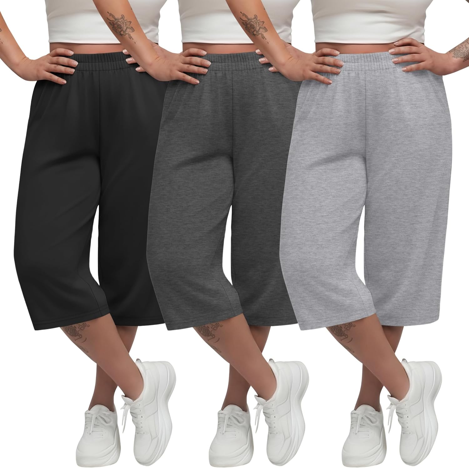 3 Pack Women's Plus Size Capris Wide Leg Loose Elastic High Waist Yoga Pants Cropped Lounge Sweatpant with Pockets