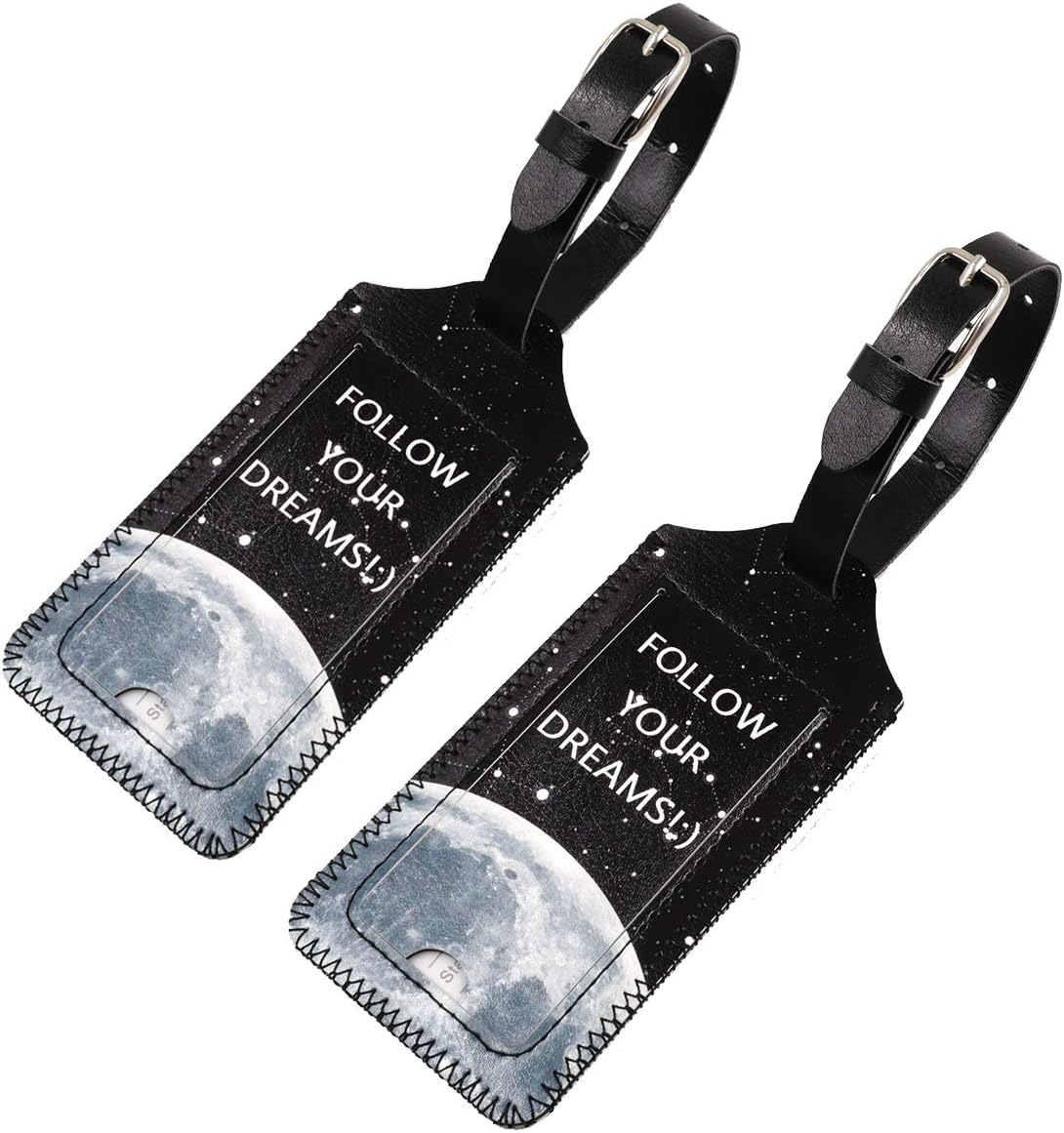 kandouren Luggage Tags 2 Pieces Set,Black Moon PU Leather Travel Bag Tags for Cruise Ships,for Men and Women