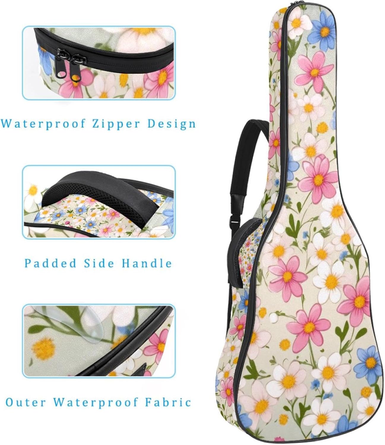 Acoustic Guitar Gig Bag 1 cm Thick Padding, Waterproof Electric Guitar Bag 40-42 Inch Guitar Case Backpack with Dual Shoulder Strap, Little Flowers Floral