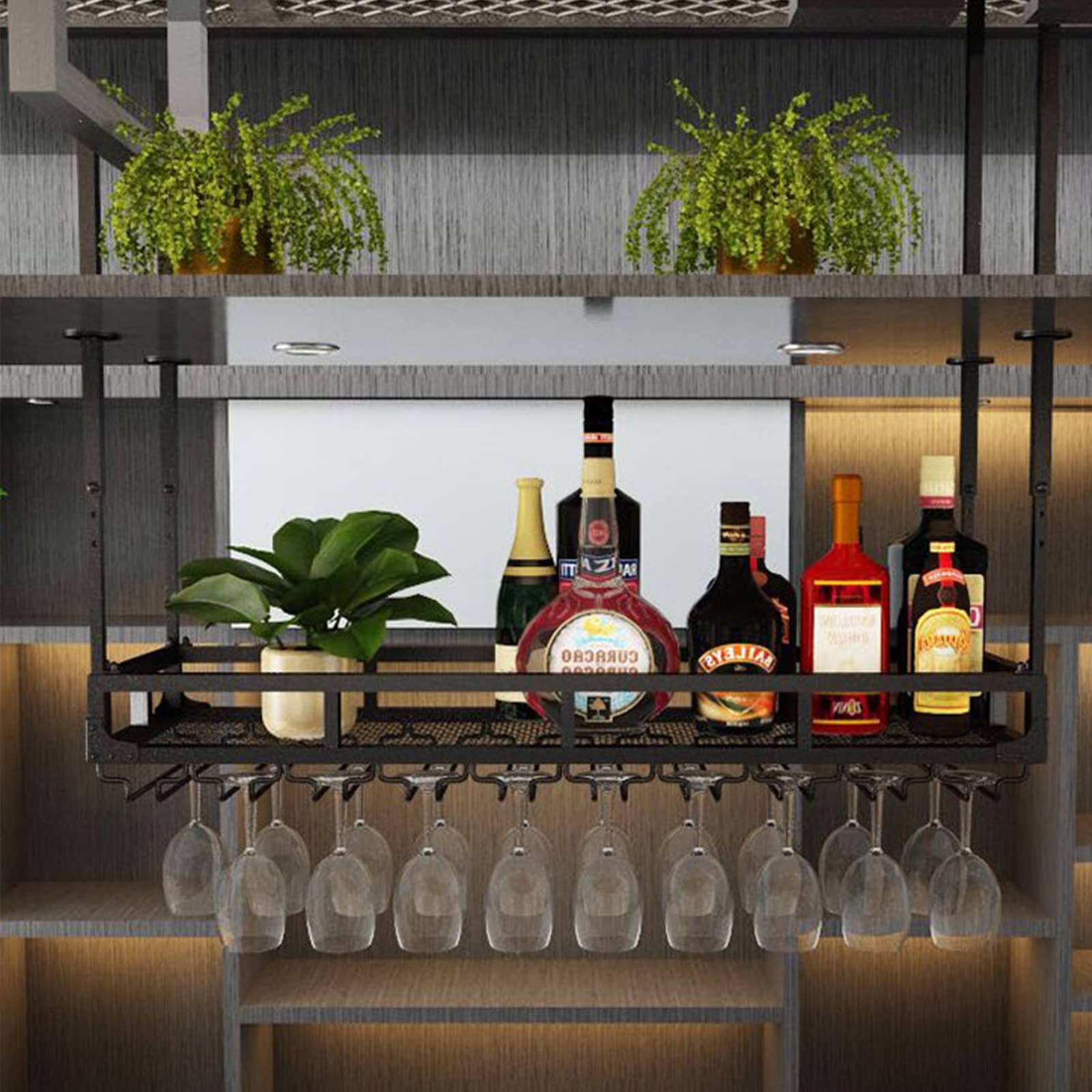 Soporte para botellas de vino para colgar en el techo, organizador de copas de vino de metal con diseño ajustable, acabado negro mate para almacenamiento en el hogar, bar o cocina