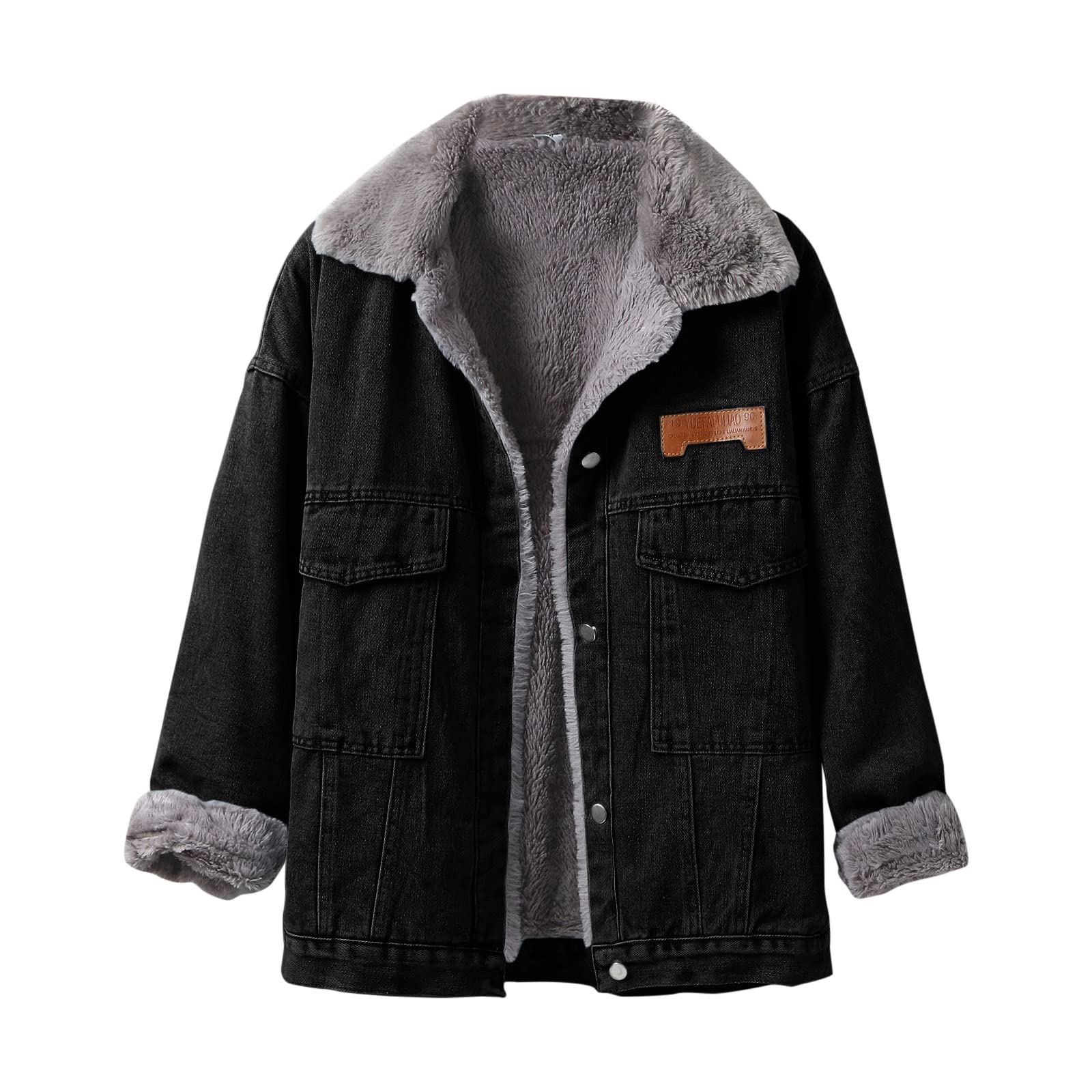 Chaqueta vaquera corta para mujer, chaqueta de invierno forrada de forro polar, cuello de peluche, chaqueta de entretiempo, chaqueta cálida de mezclilla, manga larga, estilo occidental,
