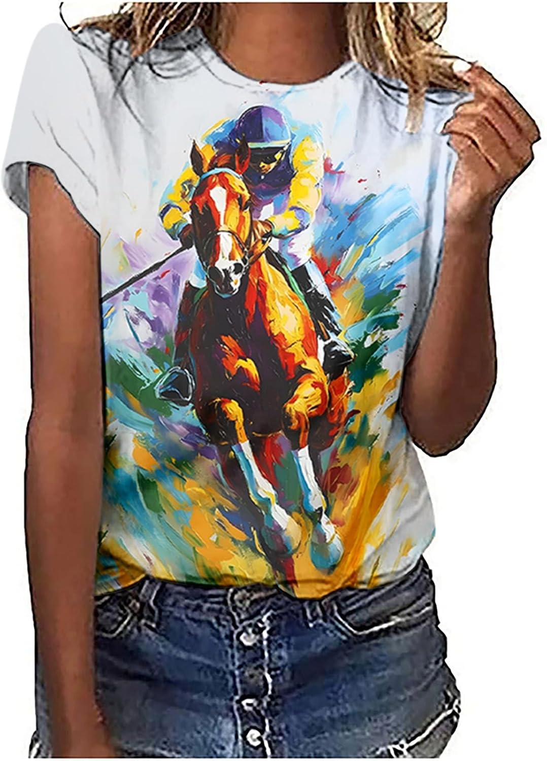 Horse Racing Shirts for Women Summer Casual Short Sleeve Graphic Tee Tops Funny Crewneck Loose Tunic Blouses