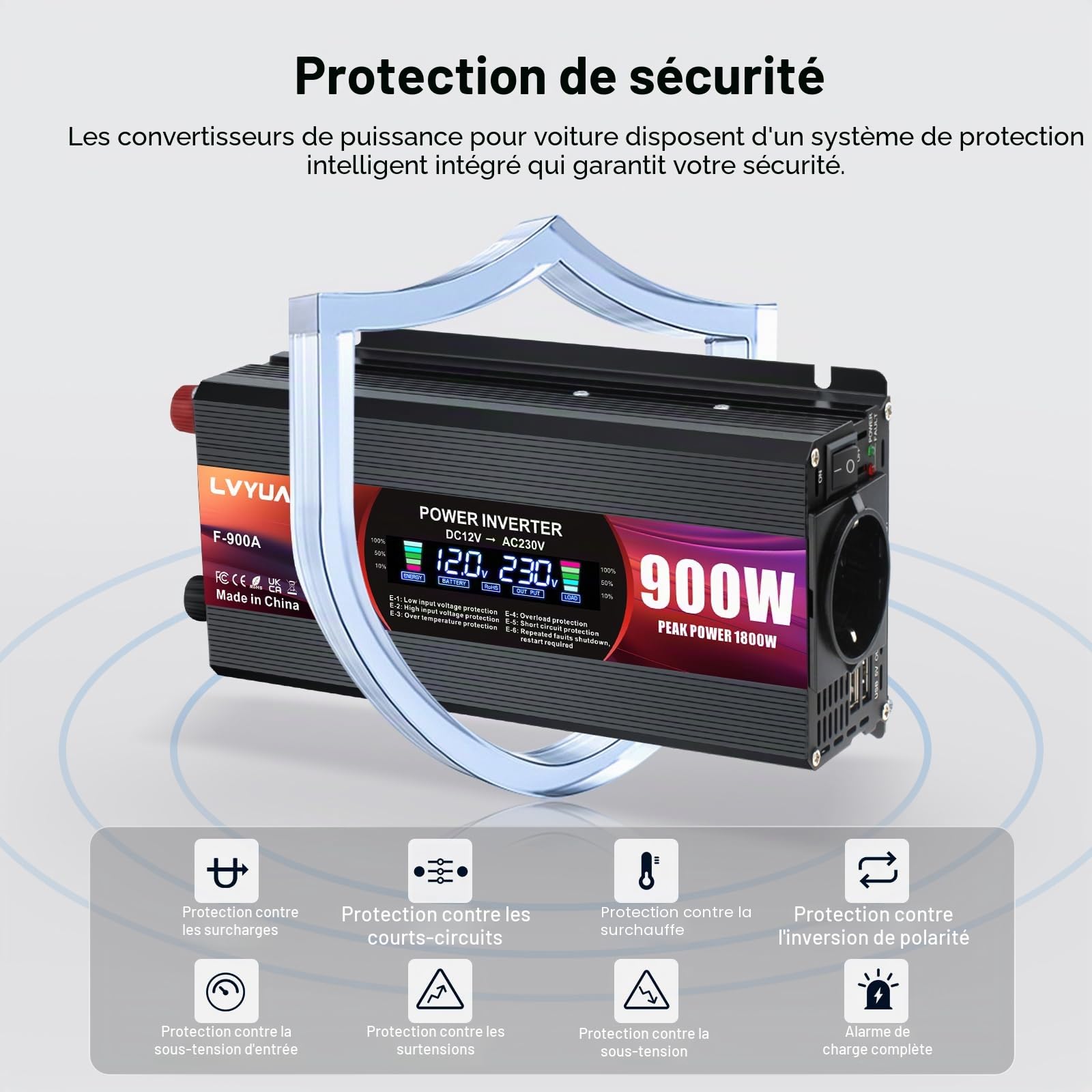 LVYUAN Convertisseur de Tension 12V 220V 900W Onduleur avec Prises UE, 2 USB, Clip Alligator, Allume-Cigare et écran LCD Inverter Peak 1800W