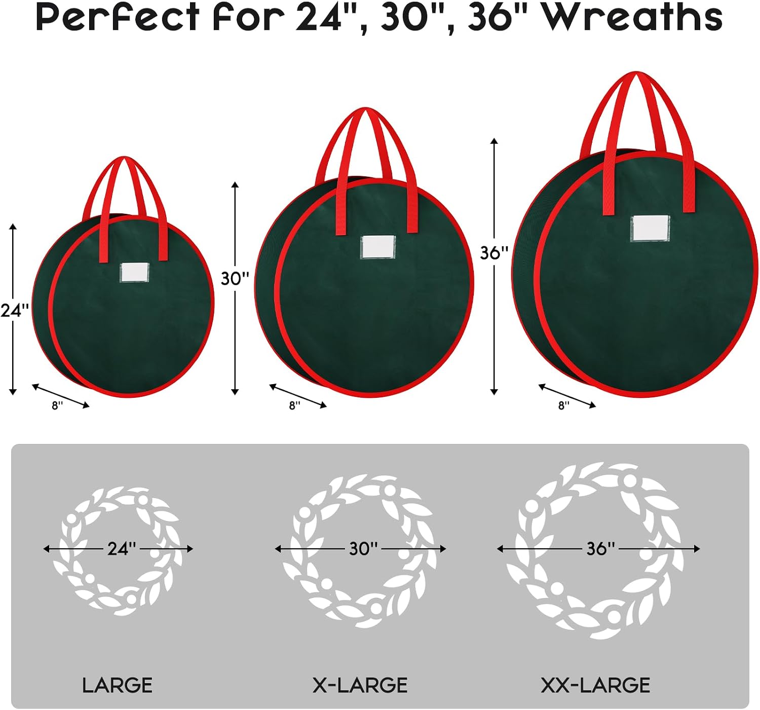 Criusia Wreath Storage Container, 2 Pack Christmas Wreath Storage Bag with Sturdy Handle, Two-way Zipper,Durable Wreath Storage Organizer Box for Holiday Decoration (Green, 24"x8")