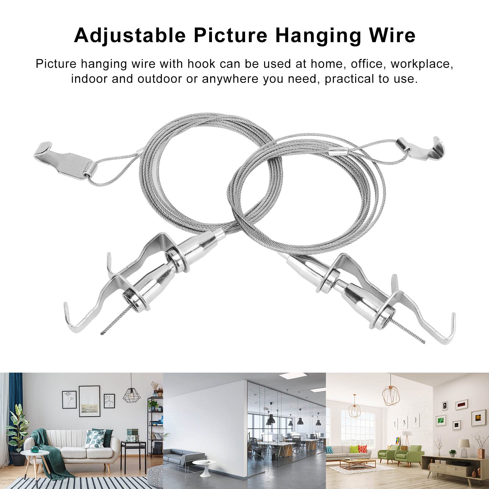 Hyber&Cara foto rail opknoping kit galerij kunst opknoping systeem - roestvrij staal fotolijst opknoping draad 2.5m × 2mm met 2 verstelbare haken giethaken - Pack van 2