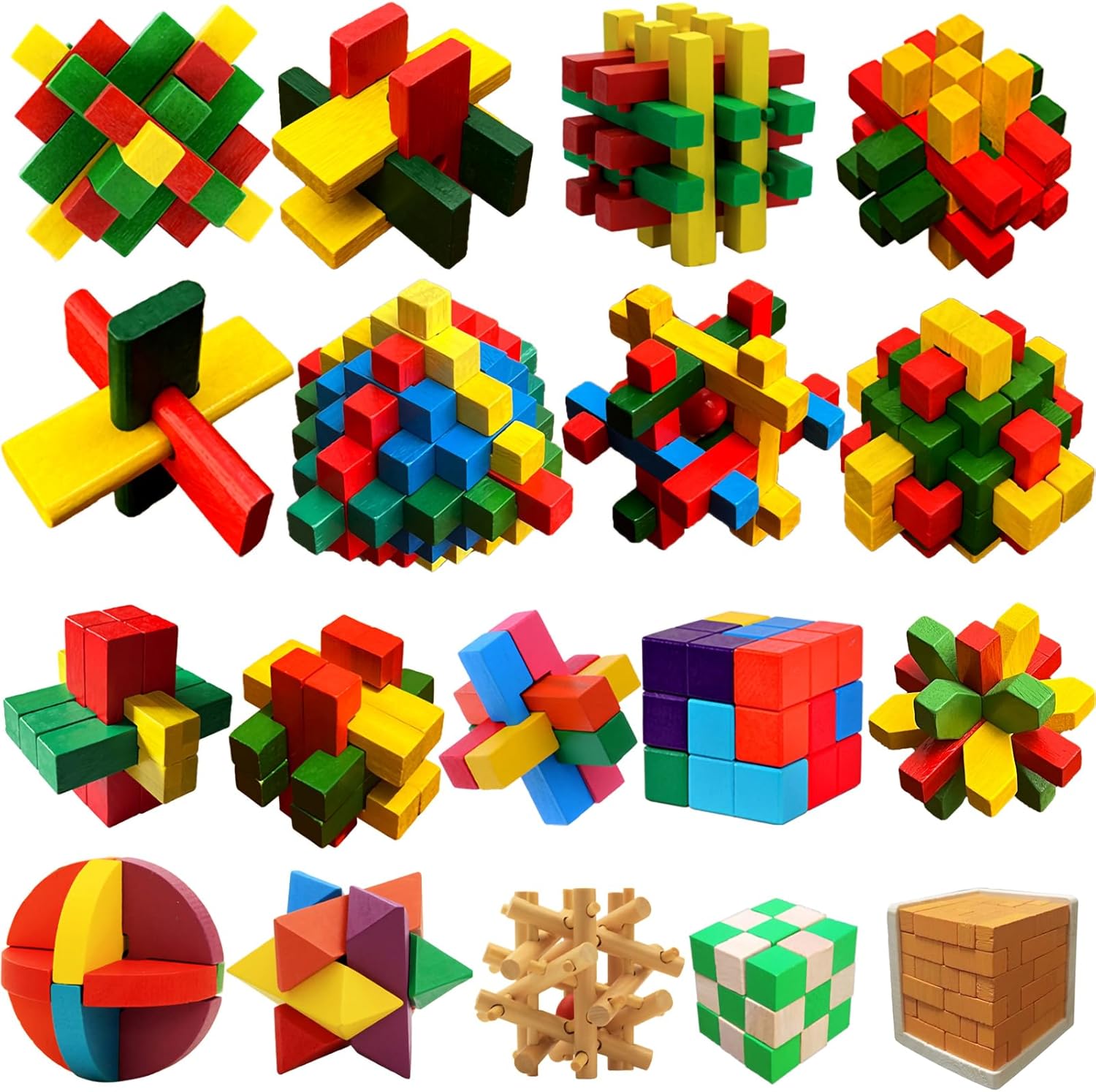 18 Pack Large Wooden Brain Teaser Puzzles Wooden Burr Puzzles Brain Teaser Puzzle with Gift Packing Box Magic Puzzle Games Toys Stocking Stuffers Party Favors for Kids and Adults (Colorful Wood)