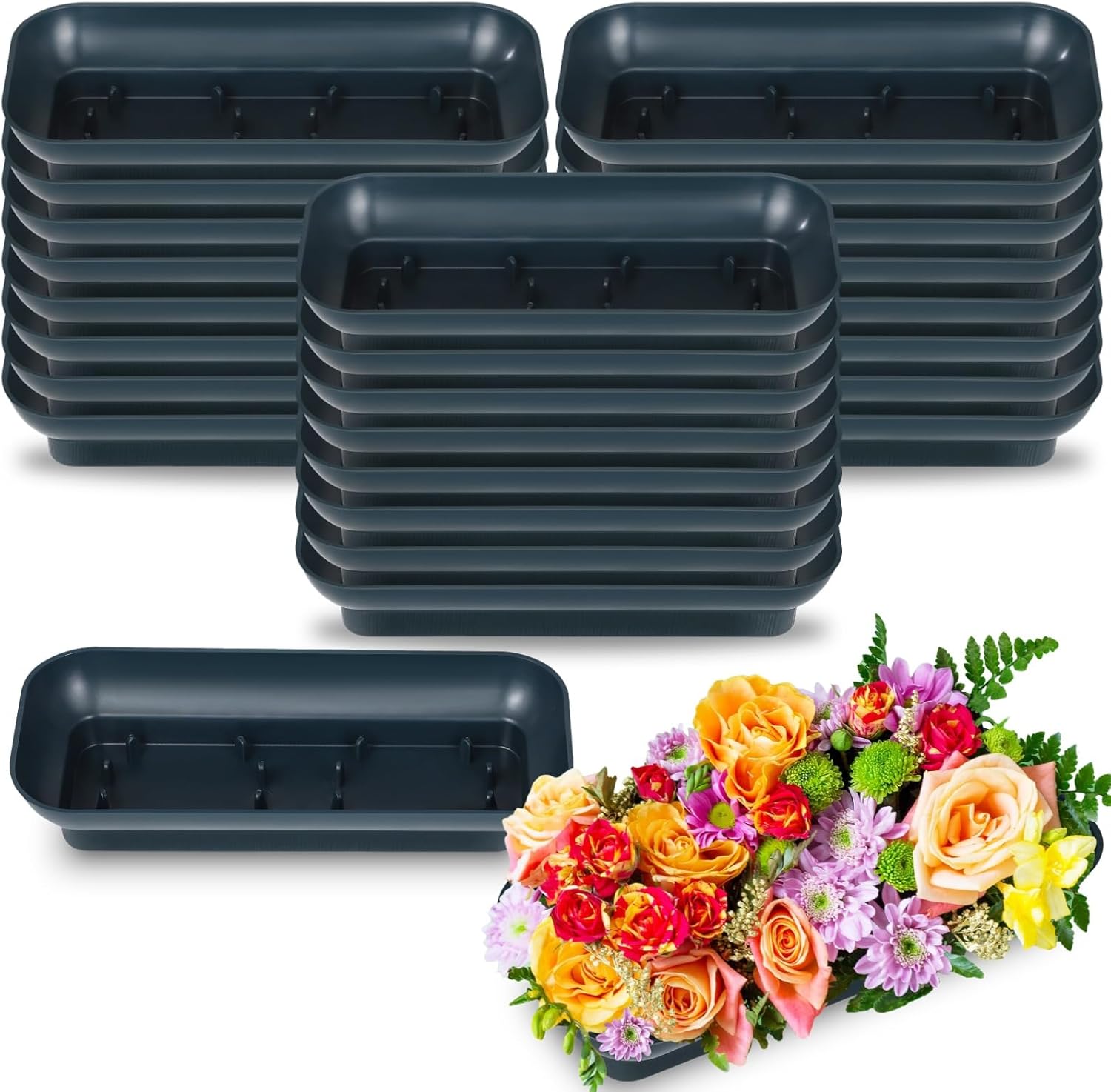 12 PCS Floral Arrangement Bowls, Large Size 10.5 x 4.6 Inches Square Floral Bowls, Fresh Artificial Flower Arrangement Base, Plastic Flower Centerpiece Container DIY Supplies for Wedding Party