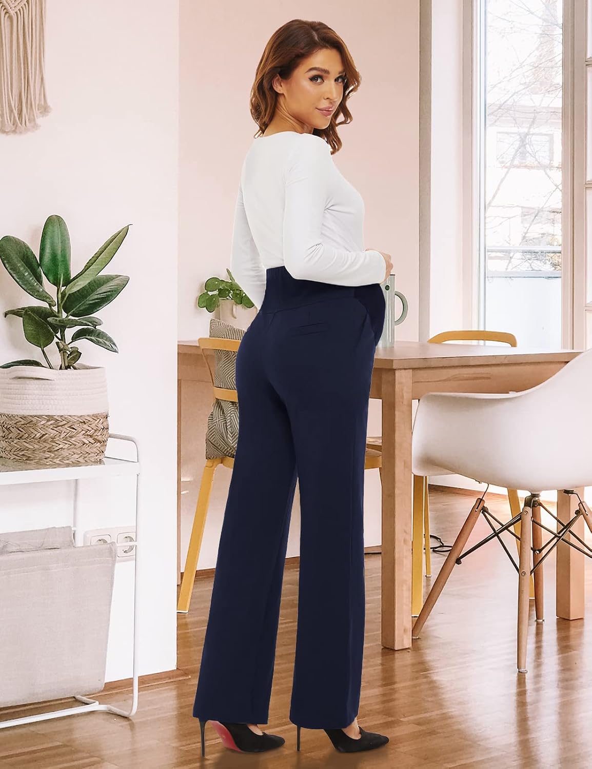 Tapata Women's Maternity Bootcut Dress Pants 28" 30" 32" with Pockets Over Belly Pregnancy Work Pants Over-Bump Casual 30'', Navy Blue, L - Image 8