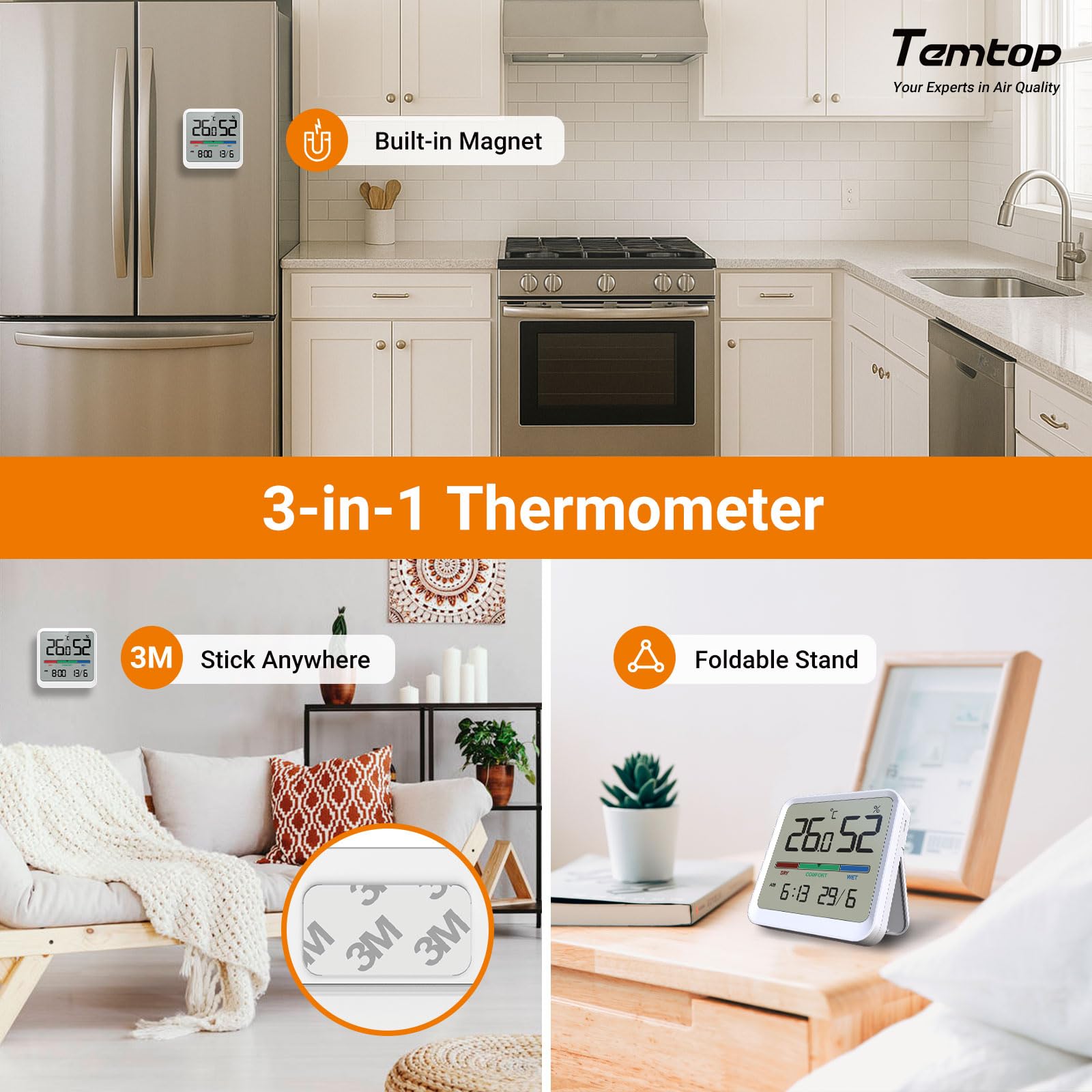 Temtop Thermomètre Hygromètre d'Intérieur Numérique T1-SE - Moniteur Température Humidité avec Affichage Heure Date Haute Précision