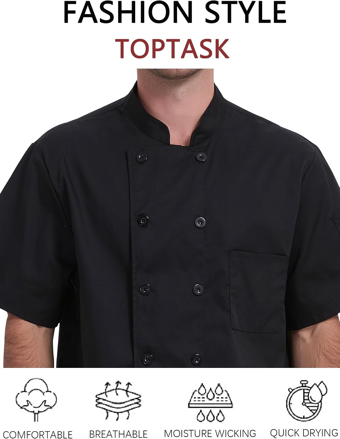 Black Chef Coat Short Sleeve Lightweight Chef Jacket Men Double Breasted Chef Uniform for Kitchen,Restaurant,Bakery