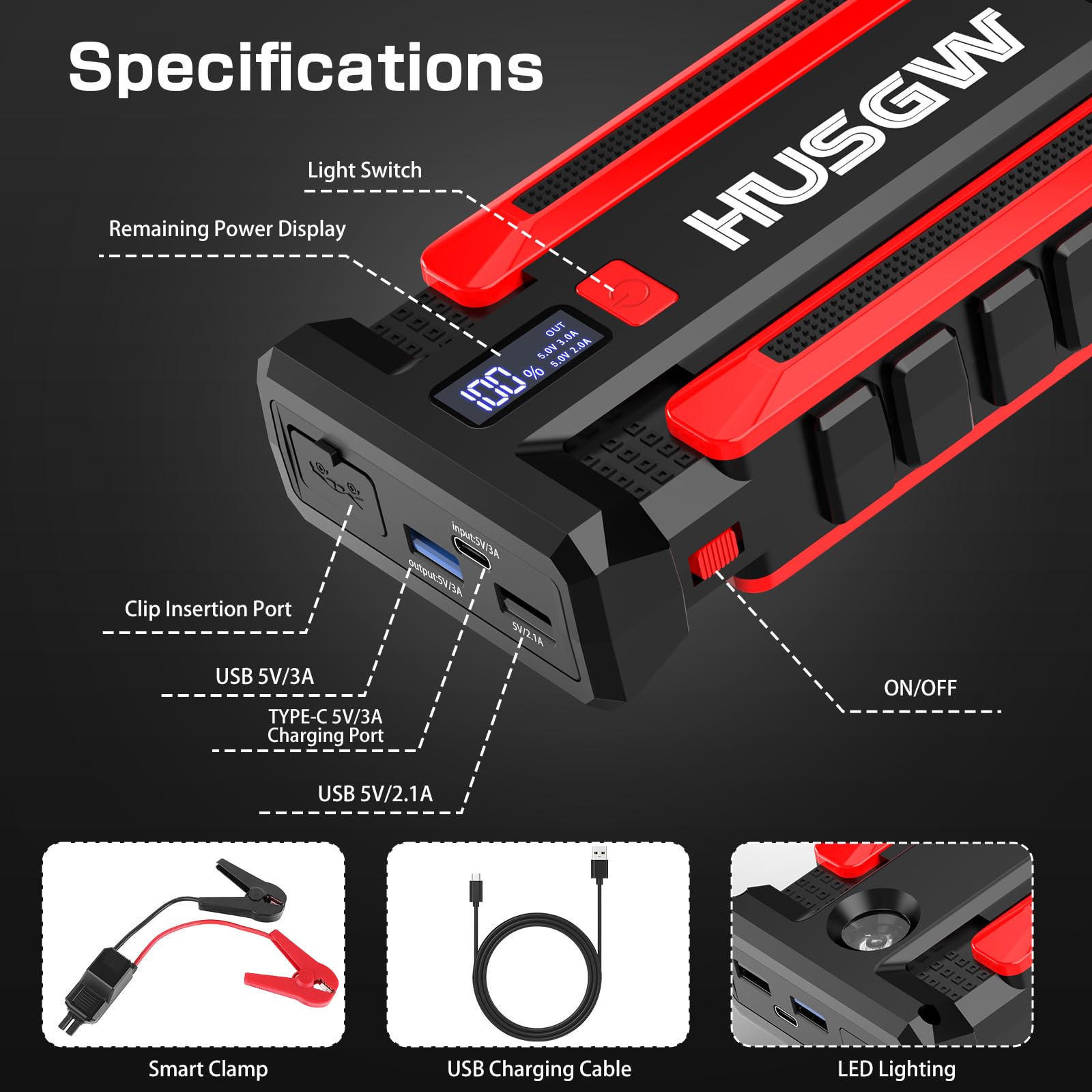 Booster Avviamento Auto, Avviatore di Emergenza Portatile per Batteria da 2000A 13800mAh, Starter Batteria Auto Per Motori a Benzina Fino a 7L o Diesel Fino a 5,5L,Orcia a LED