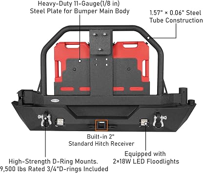 u-Box Wrangler Rear Bumper w/Spare Tire Carrier & Hitch Receiver & Oil Drum Rack Bar for Jeep JK & Wrangler Unlimited 2007-2018