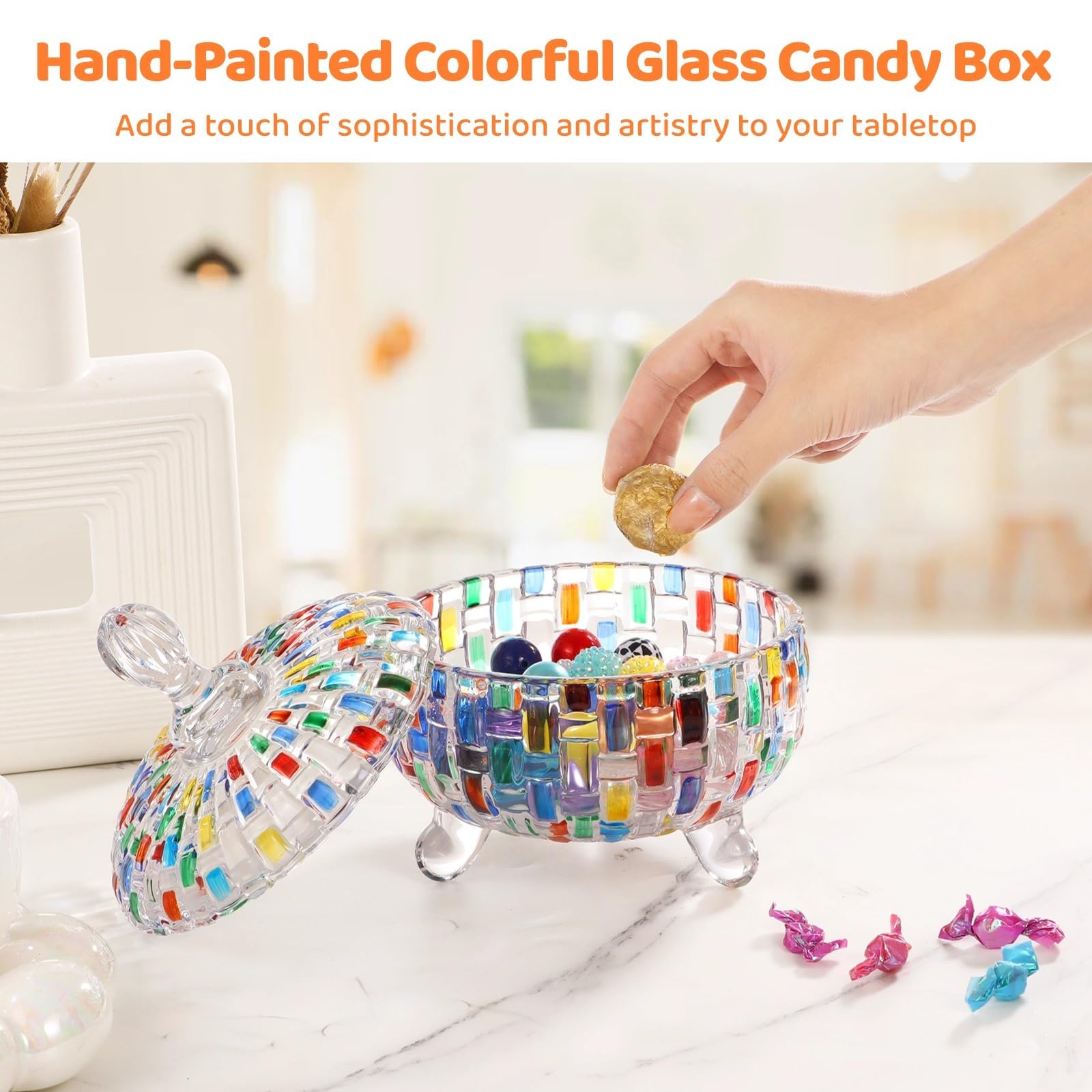 Colorful Glass Candy Box, handbemaltes Vorratsglas aus Kristallglas mit Deckel, dekorative Bonbonschale, Schmuckbehälter, luxuriöser Vorspeisenteller für Kekse, Nüsse, Schokolade