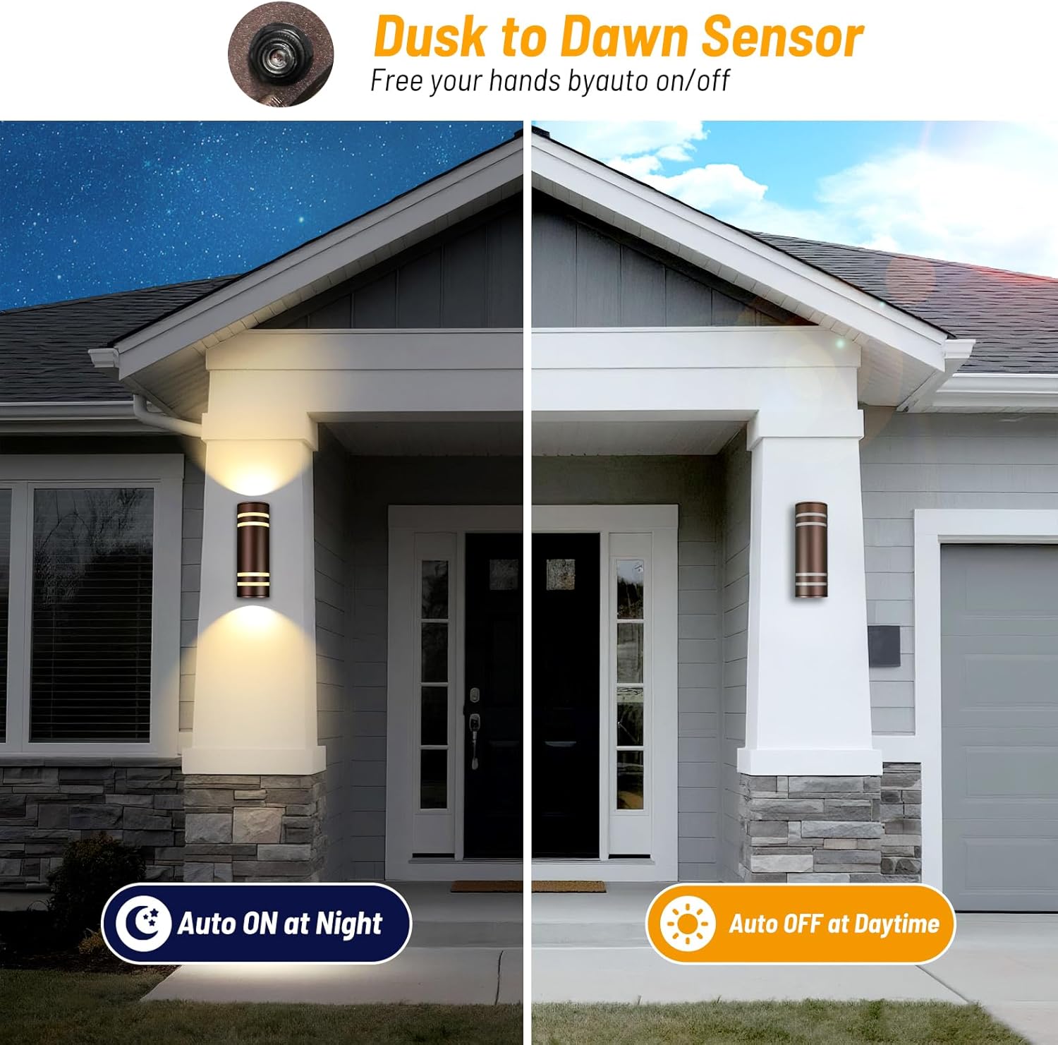 Modern Outdoor Wall Light with Dusk to Dawn Sensor, 2-Pack Brown Exterior Wall Sconces with E26 Bulbs Included, IP65 Waterproof Anti-Rust Aluminum Porch and Garage Light Fixtures