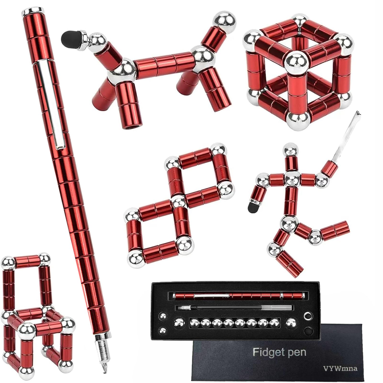 Fidget Pen for Adults Kids,Toy Pen Decompression Magnetic Metal Pen, Desk Toys Multifunctional Deformable Magnet Writing Pen(Red)