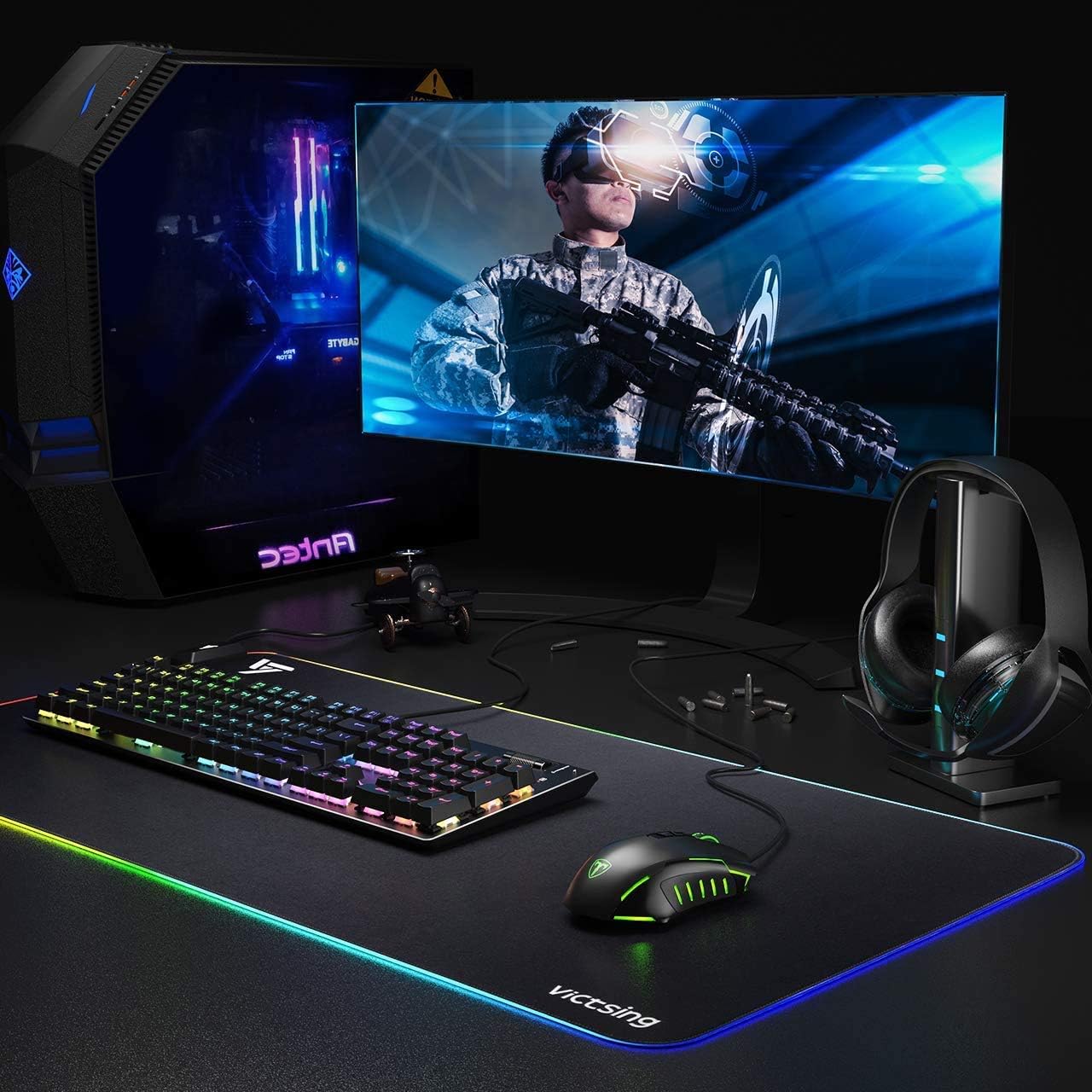 T-Dagger T-TGM206 mouse set up with a gaming PC, keyboard, and headset.