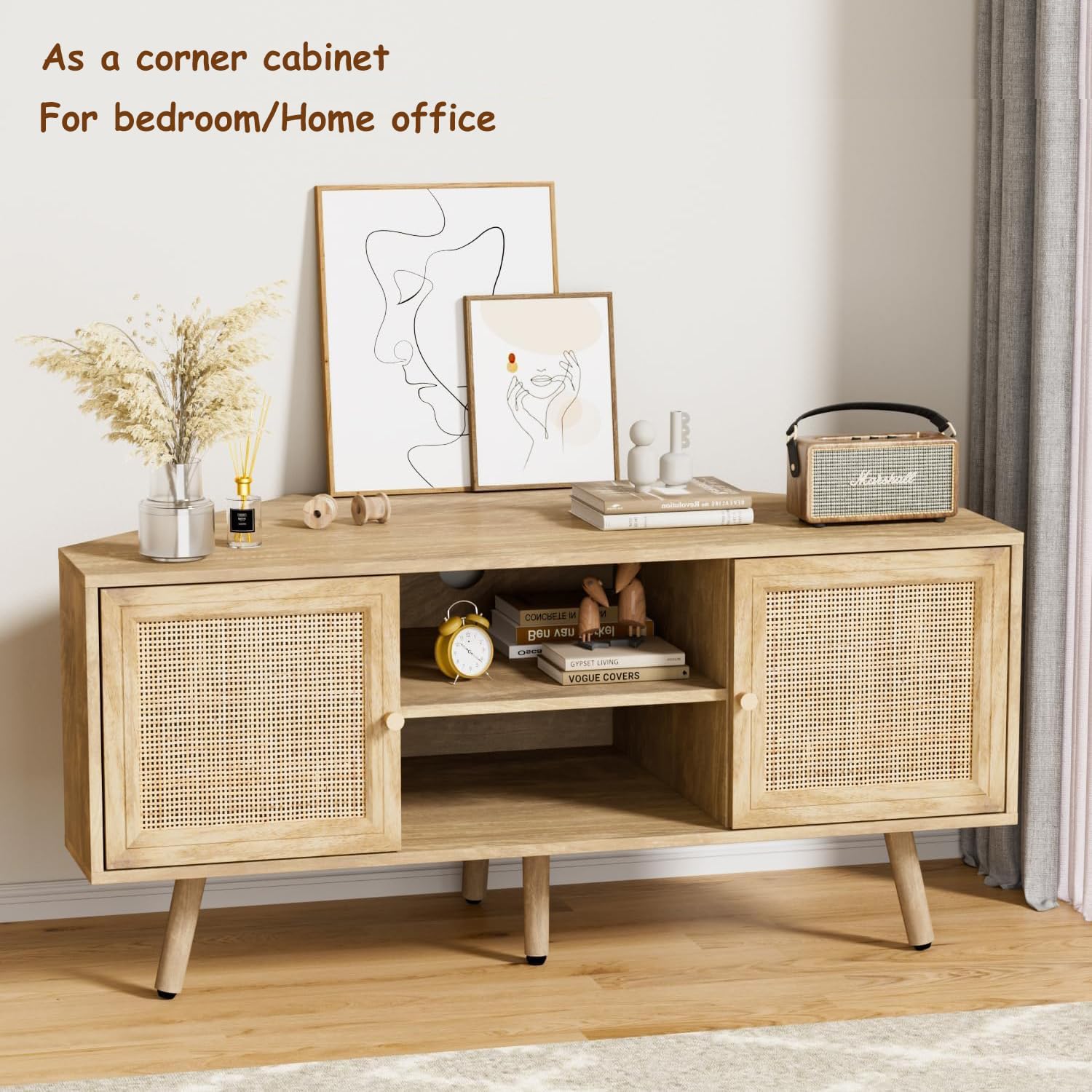 Corner TV Stand for 55 inch TV, Corner Entertainment Center with Storage, Boho Media Console with Rattan Doors, Solid Wood Feet, 2 Cord Holes, for Living Room, Natural