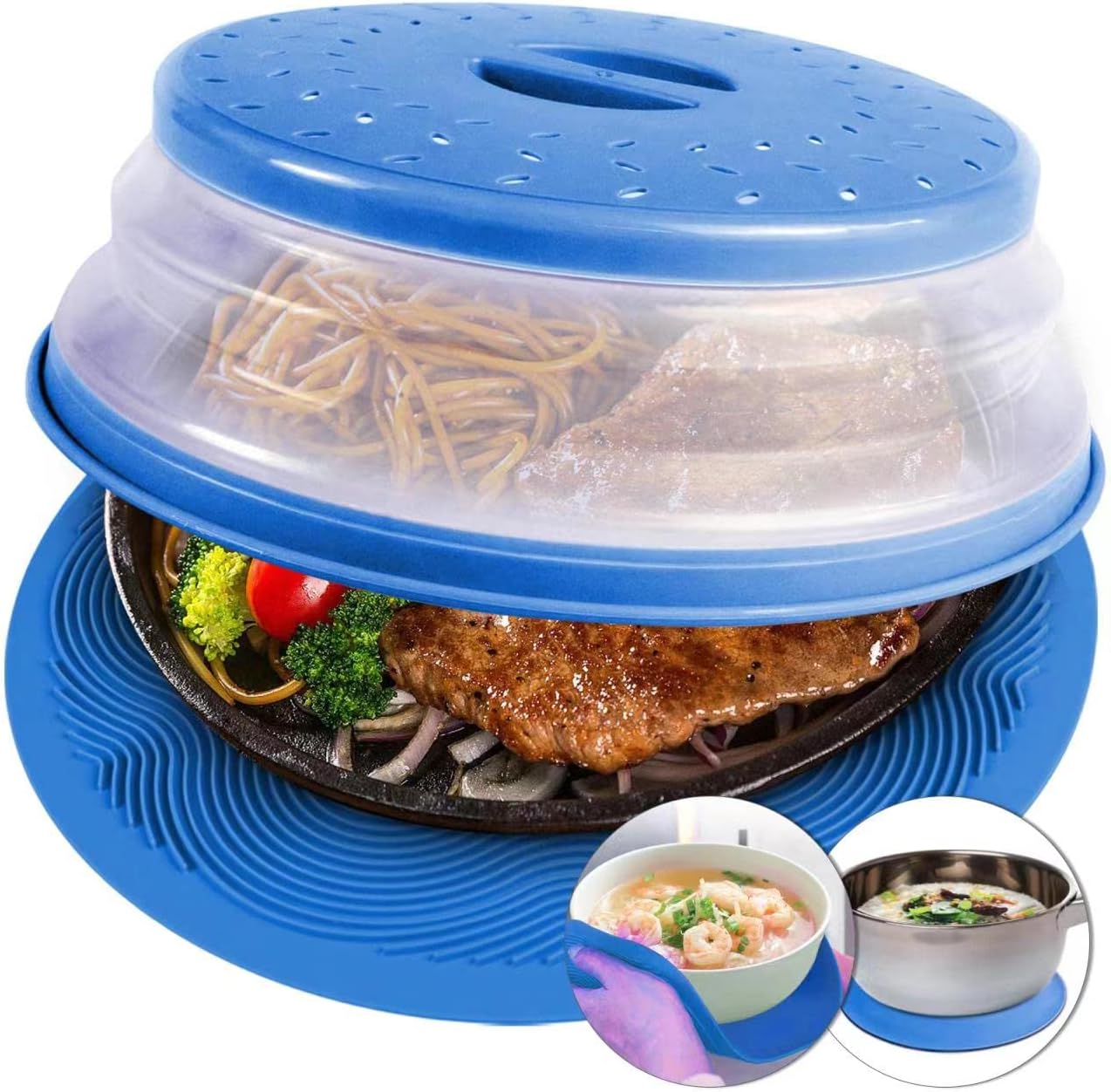2 in 1, Aidacom Microwave Mat & Food Cover- Mat as Bowl Holder, Cover for Splatter Guard, Multi-use: Silicone Trivet, Pot Holders, Drying, Baking, Place Mat, Utensils Rest for Kitchen Counter, Blue