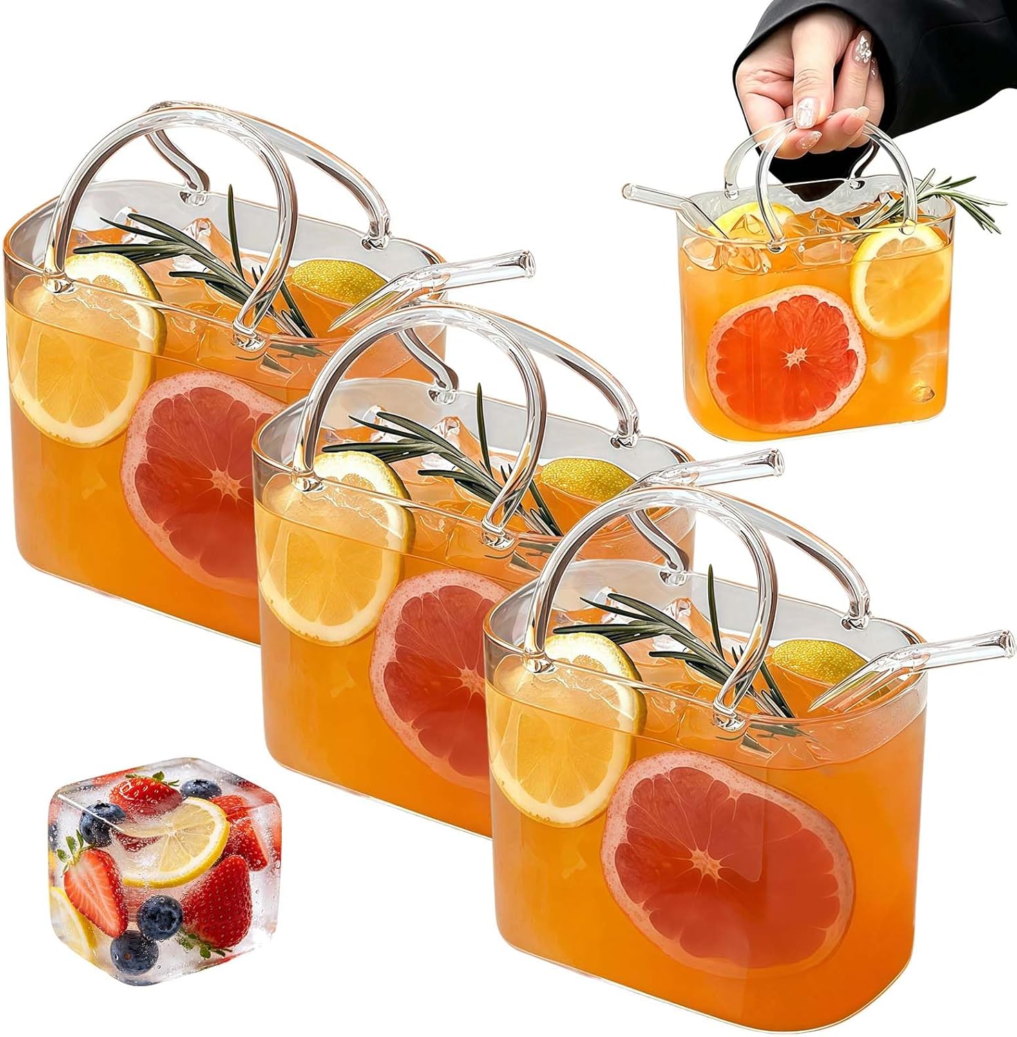 Purse Drinking Glass with Straw, Glass Purse for Drinks, Decorative Glass Purse Drinking Hand Bag, Unique Wine Glasses Cup for Women Party, Fish Bowl Vase (3)