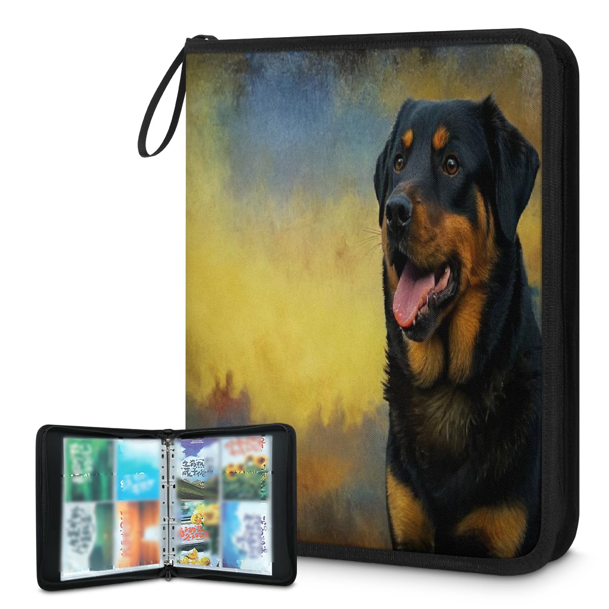Raccoglitore per carte collezionabili con 4 tasche a forma di rottweiler, con tasche rimovibili, impermeabile, con cerniera, 50 pagine, capacità 400 carte