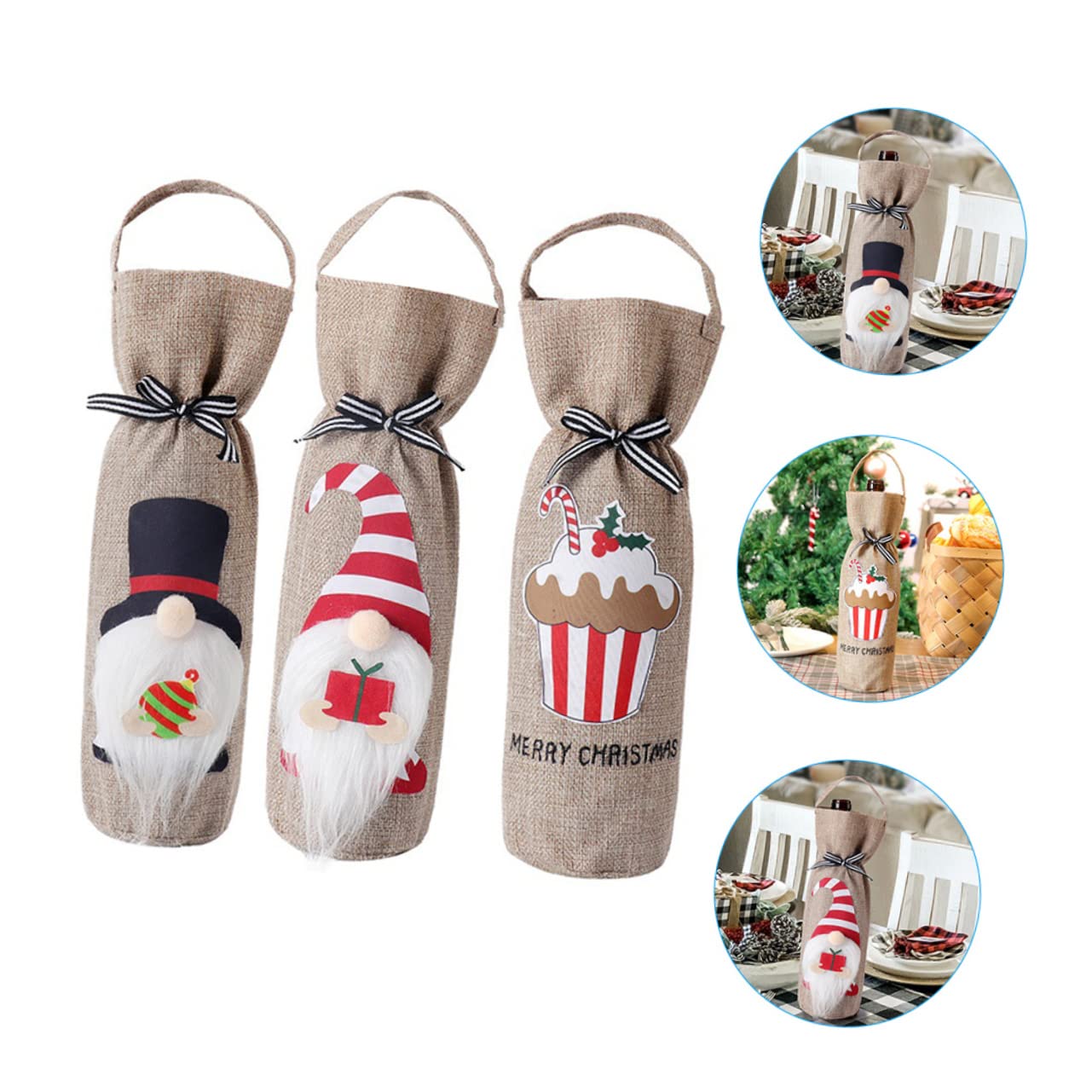 Ciieeo 5 Ensembles Housse De Bouteille De Vin en Toile De Jute De Transport De Boissons avec Fenêtre Housse De Vin du Père Noël Décoration De Porte De Noël en 3 pièces * 5