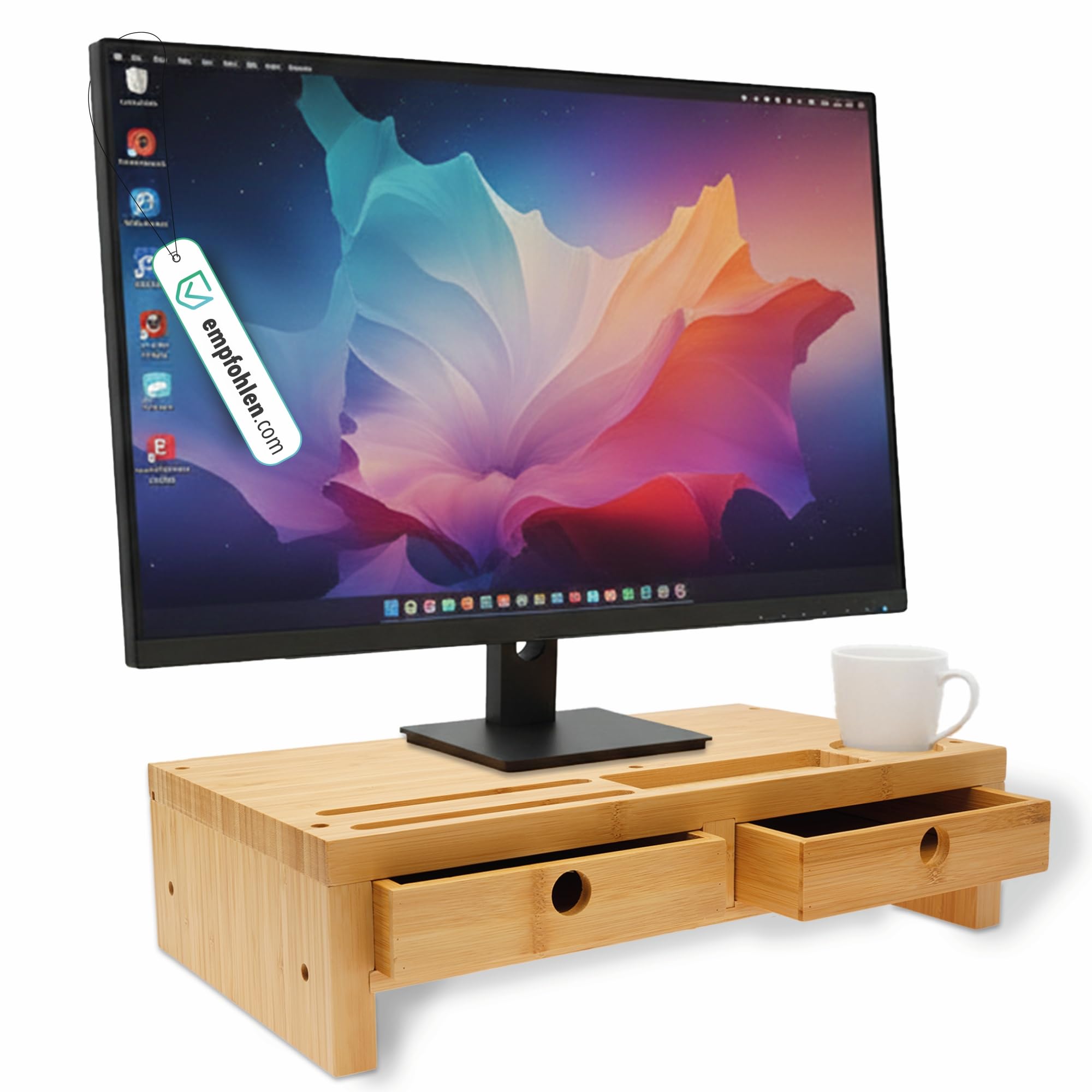 pixly® Supporto per Monitor con Cassetti 42x24x10,5 cm Sollevamento Ergonomico in Legno con Spazio di Archiviazione Organizer da Scrivania in Bambù Sostenibile per Monitor e Computer