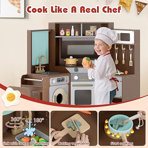Miniatura 4 de Corner Wooden Play Kitchen, Play Kitchen with Lights & Sound, Full Appliances & Complete Accessories, Pretend Cooking Set for Playrooms, Bedrooms,