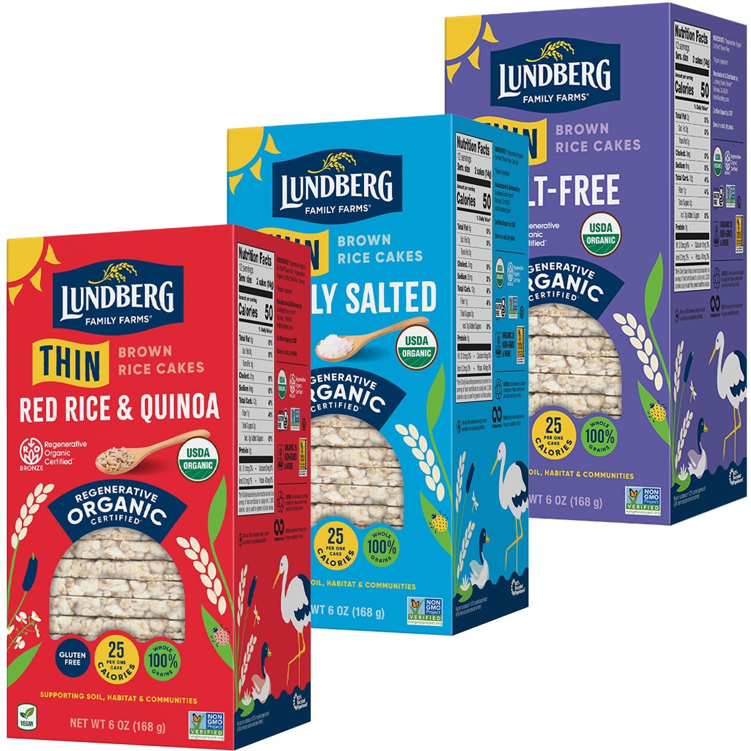 Lundberg Thin Brown Rice Cakes Variety 3-Pack: Regenerative Organic Certified, Gluten-Free, Lightly Salted, Salt-Free & Red Rice Quinoa Snacks