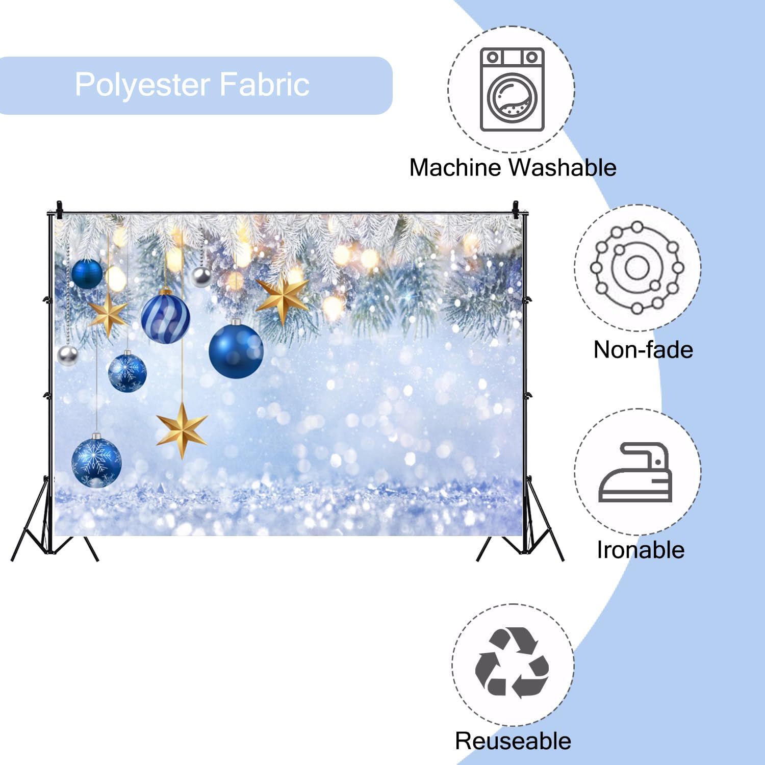 2,1 x 1,5 m sfondo natalizio con palline blu con stelle dorate sfondo fotografico argento glitter sfondo fotografico decorazioni per l'anno nuovo studio fotografico puntelli