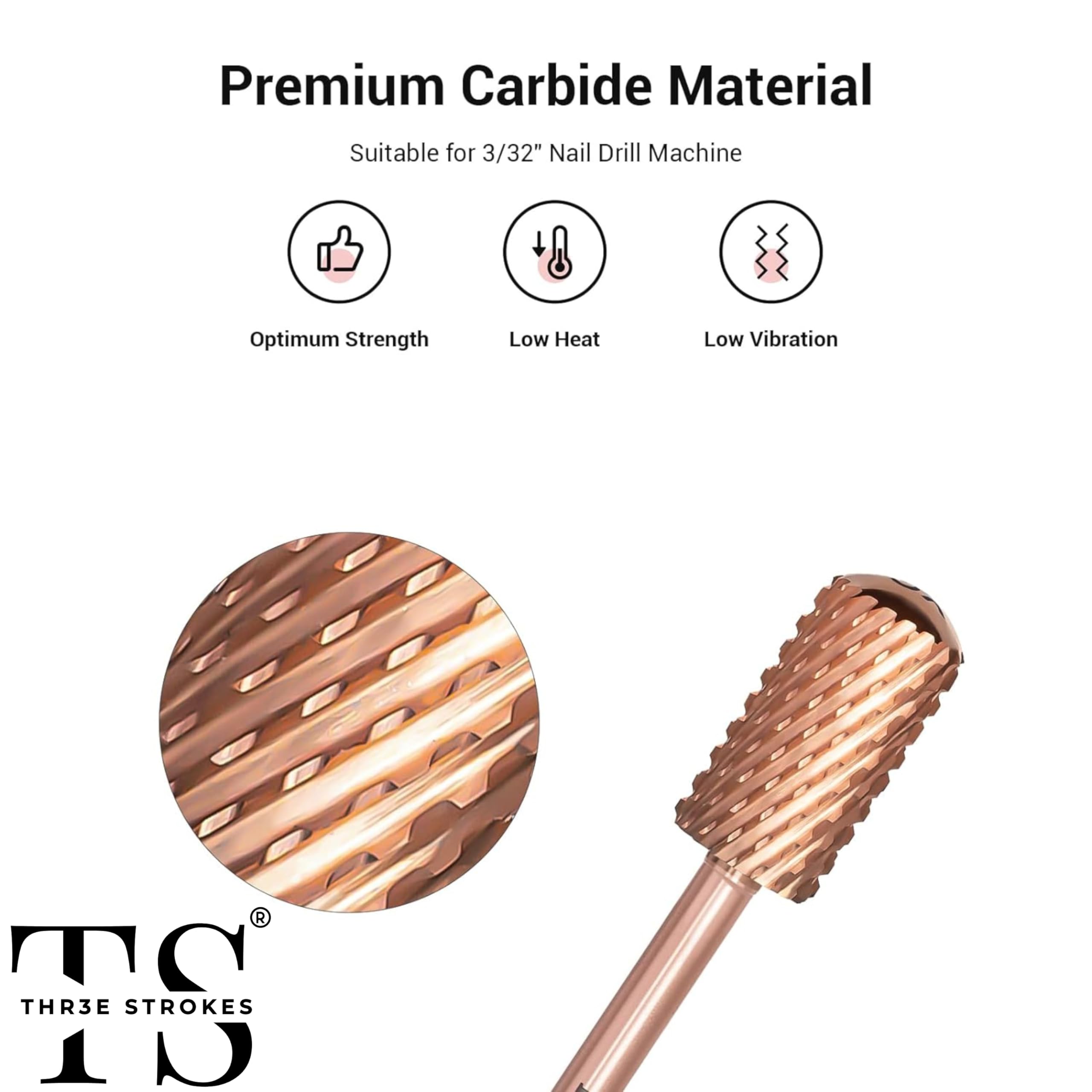 THR3E STROKES Nail Drill Bits, 3/32'' Smooth Round Top Large Barrel Carbide Bits, Suitable for Manicure Pedicure Cuticle Gel Polishing, Beginners Bits, Rose Gold, Series Bit (Extra Coarse-XC, ROSE GOLD) 1