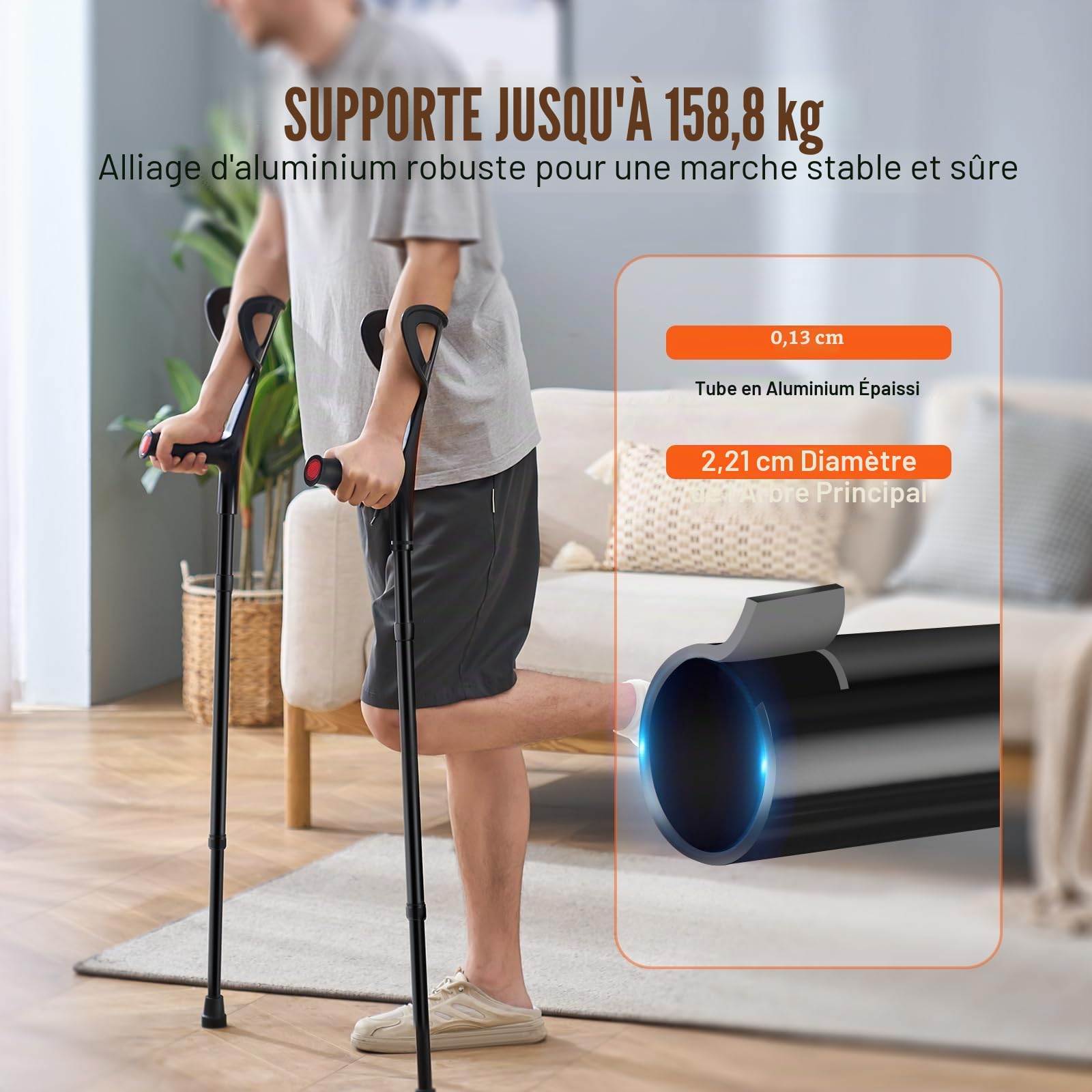VEVOR Béquilles d'Avant-bras 2PCS, Béquilles de Marche Pliables Réglable en Hauteur 10 Niveaux, Manche Supérieure Ouverte, Béquilles Médicales Légères, pour Adultes, Chirurgie, Blessure aux Jambes