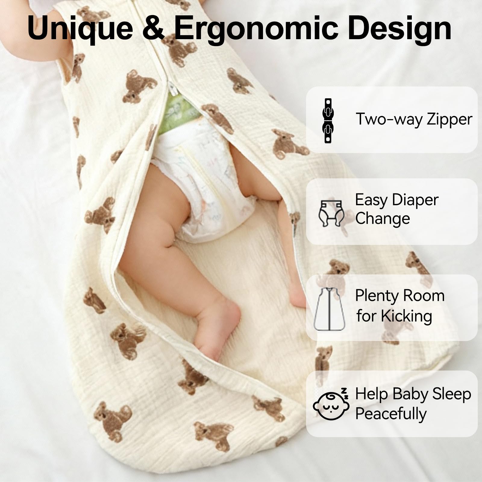 Hovershoes Baby Sleeping Bag 1.0 Tog for Newborn Infant Boys Girls Sleep Sack Wearable Blanket Cotton Unisex Toddler Sleep Bag with 2-Way Zipper for 0-12 Months - Image 3