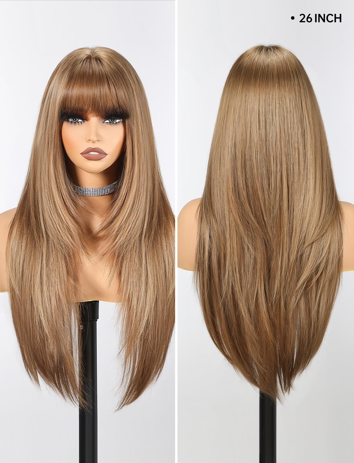 HAIRCUBE Long Straight Wigs for Women Light Brown Color Layered Synthetic Wig with Fringe for Daily, 22 inches - Image 3