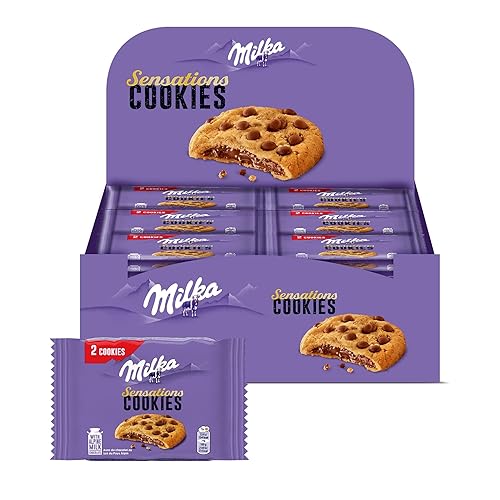 MILKA - Cookies Sensations - Cookies aux Pépites de Chocolat au Lait et Cœur Chocolaté - Lot de Biscuits Individuels - Format Familial Pratique pour le Goûter - Présentoir de 24 Paquets de 2 Cookies - 24x52g