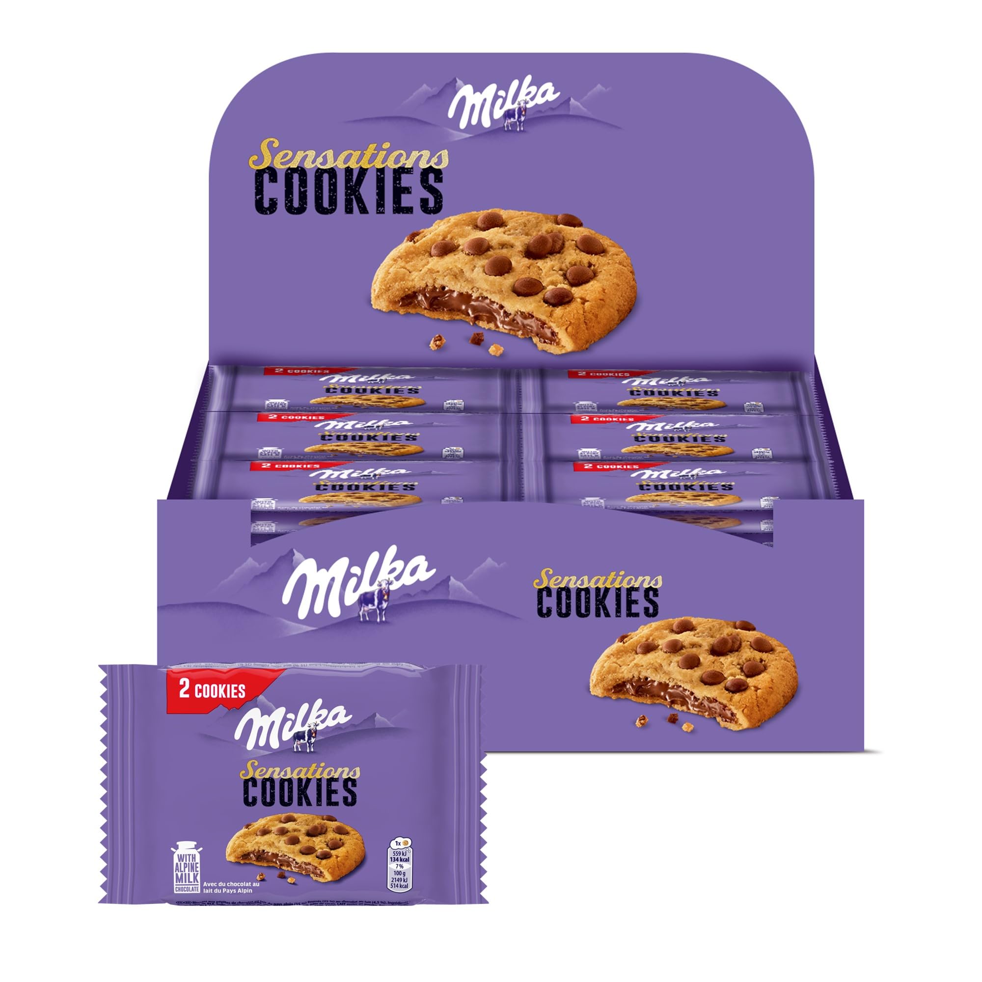 MILKA - Cookies Sensations - Cookies aux Pépites de Chocolat au Lait et Cœur Chocolaté - Lot de Biscuits Individuels - Format Familial Pratique pour le Goûter - Présentoir de 24 Paquets de 2 Cookies