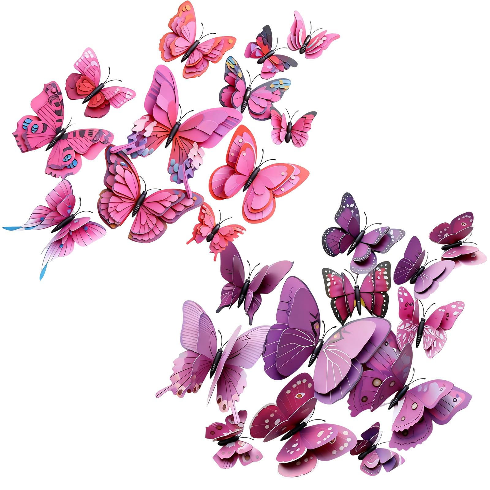 CavspkArt 24PCS 3D Butterfly Wall Sticker,Double Layer Butterflies Decals for Walls,3D Butterfly Decorations for Home,Bedroom Accessories,Wedding,Party & Flower Decoration (Purple+Rose red)
