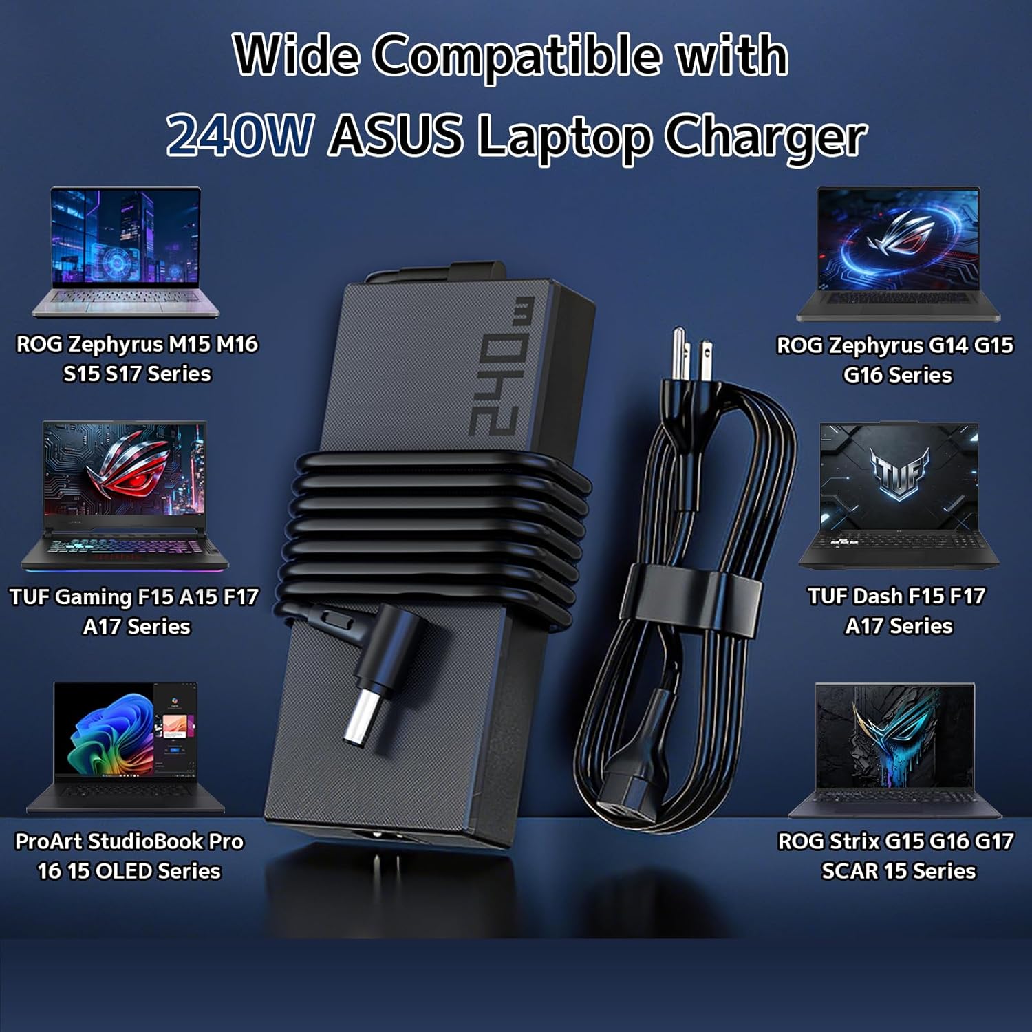 240W 20V 12A AC Adapter Replacement for ASUS Laptop Charger, Zephyrus G16 G14 M16 Duo 15 TUF Gaming F17 F15 A15 Vivobook Pro 16X ROG Strix Scar 15 17 G15 G17 ProArt StudioBook ADP-240EB B Power Supply