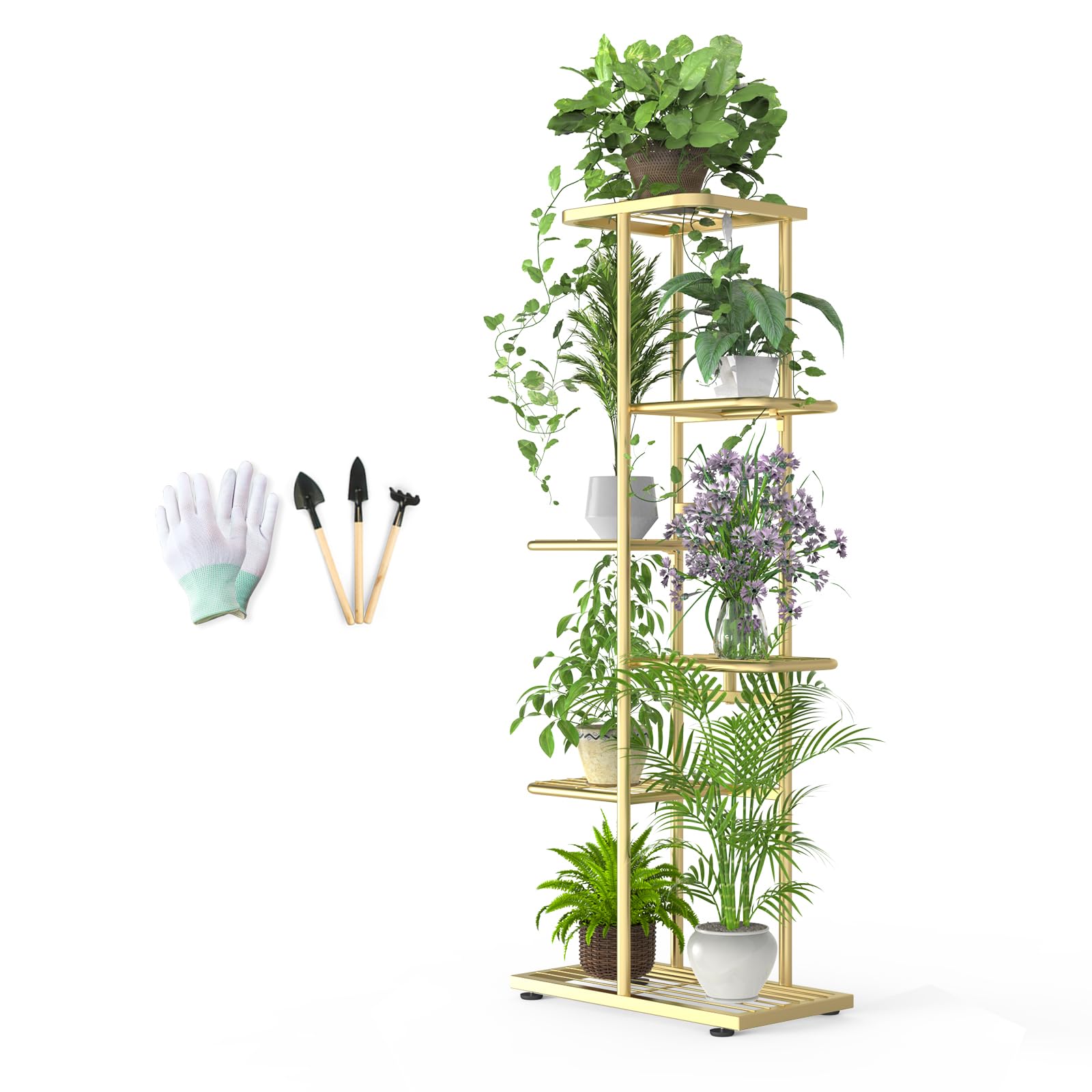6 Tier 7 Potted Gold Plant Stand Indoor Outdoor with Gardening Tools and Gloves, Upgraded Corner Metal Plant Rack Shelf for Multiple Plants, Tall Flower Pot Holder Display for Patio, Balcony,