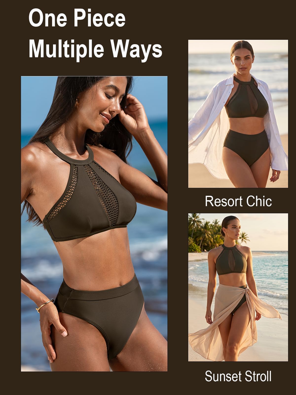 CUPSHE Damski zestaw bikini z wysokim stanem z wysokim dekoltem dwuczęściowy strój kąpielowy z siateczki