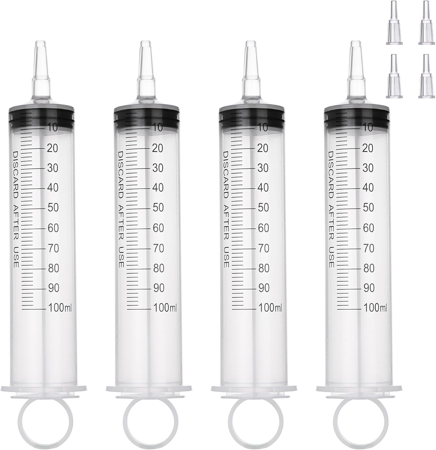 4 Pack 100mL Syringes, Large Plastic Syringe with Tip Adapter for Liquid, Dispensing, Watering, Scientific Labs,Measuring,Refilling