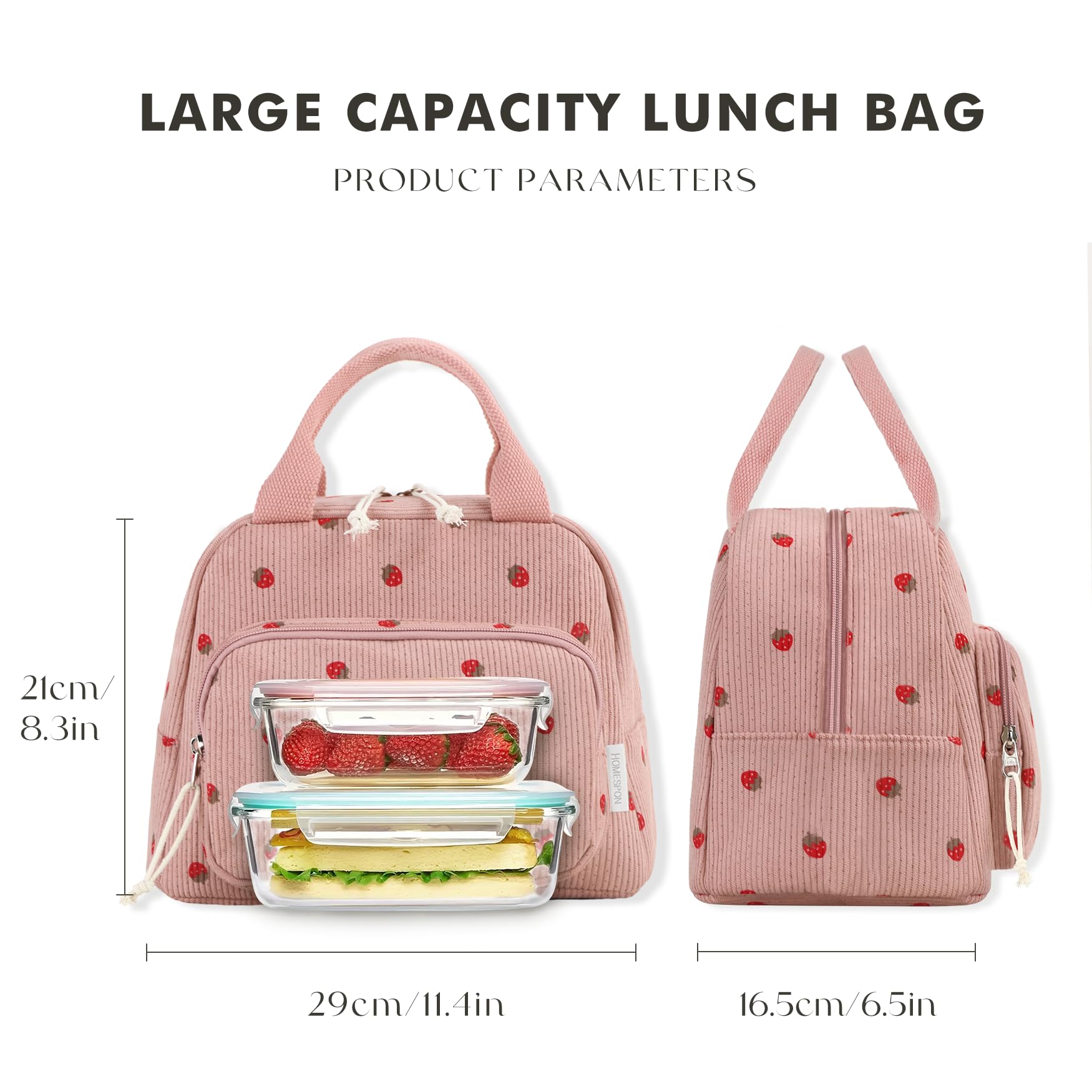 HOMESPON Insulated Lunch Bag for Women Men Adult Cute Corduroy Cool Bag Lunch Box Container Large Capacity Lunch Tote for Work School or Picnic - Image 3