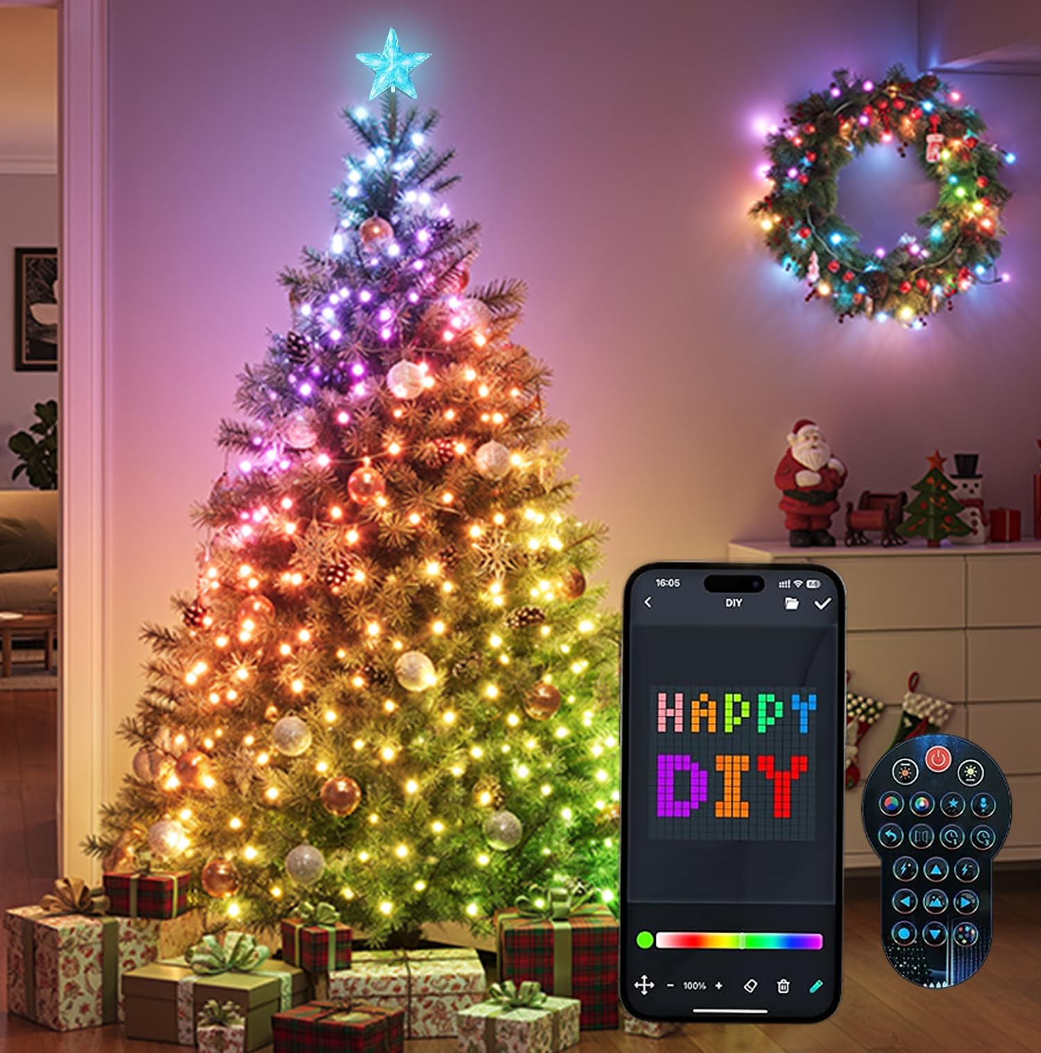 Smart Lichterkette Weihnachtsbaum 2.1m, 400 LEDs RGBIC Weihnachtsbaumbeleuchtung DIY Animiertes Muster, Tannenbaum Lichterkette mit Sternspitze, App- und Fernbedienungssteuerung, Musiksync Timer Innen