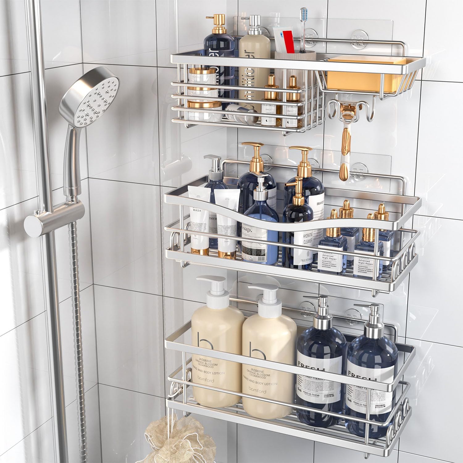 Youvip Shower Caddy, 3 Pack Large Capacity Bathroom Organizers and Storage, No Drilling Adhesive Rustproof Shelves with Soap Holder, Home Decor, Silver