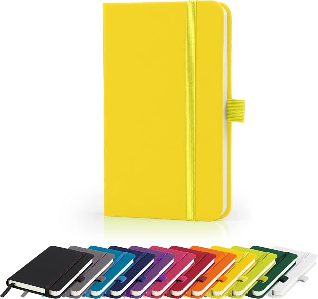 Premium A6 Notebook New Lined Pocket Hardback Small Journal with Pen Loop, Elastic Closure and Ribbon Marker 196 Pages / 98 Sheets Notepad Note Book Notes Pad (Yellow)