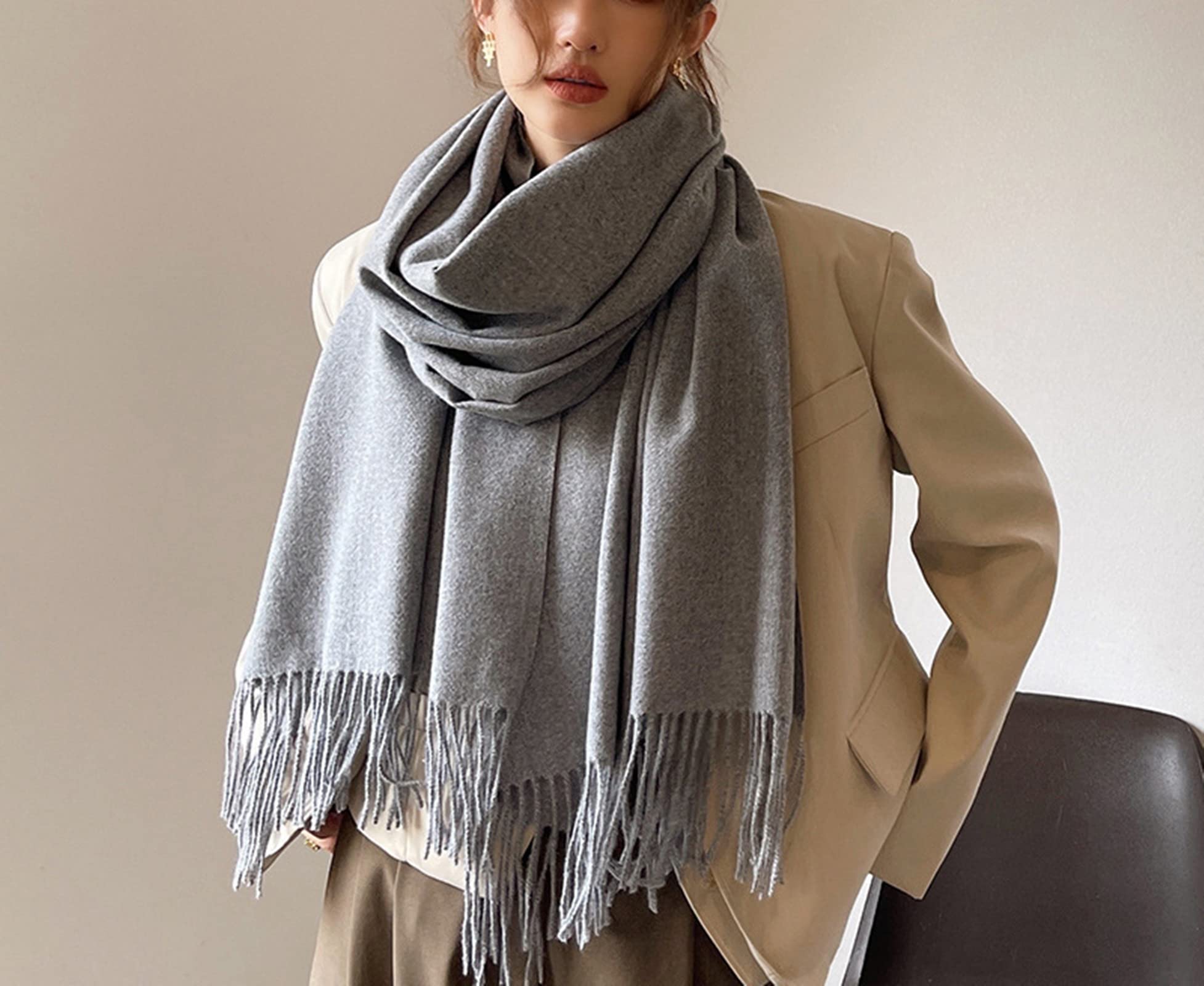 Écharpe Cachemire Femme, Écharpe Hiver Femme Bronzage Léger Pompon de Couleur Unie Regalo di Sciarpa Caldo